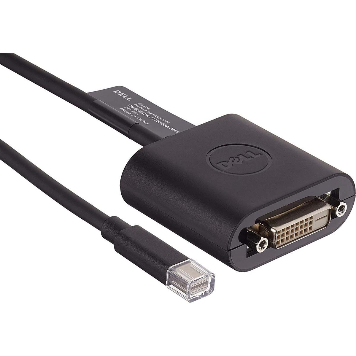 Cavo adattatore Dell nero con connettore da USB-C a DVI. Testo sul cavo: Dell.