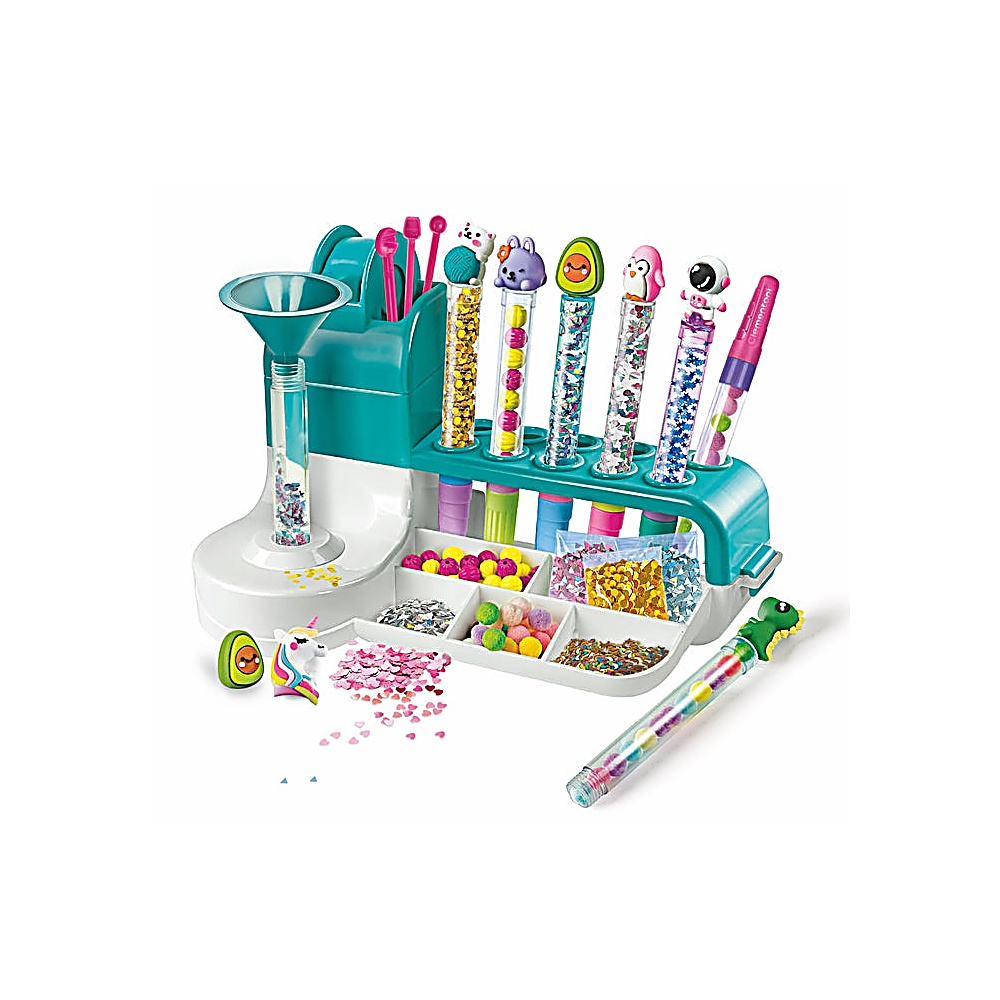Kit creativo con tubi di glitter, perline e toppers carini come avocado e pinguini.