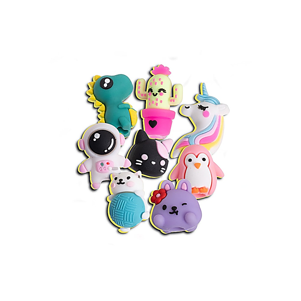 Carine figure dei cartoni animati: dinosauro, astronauta, gatti, pinguino, unicorno, cactus, coniglio.