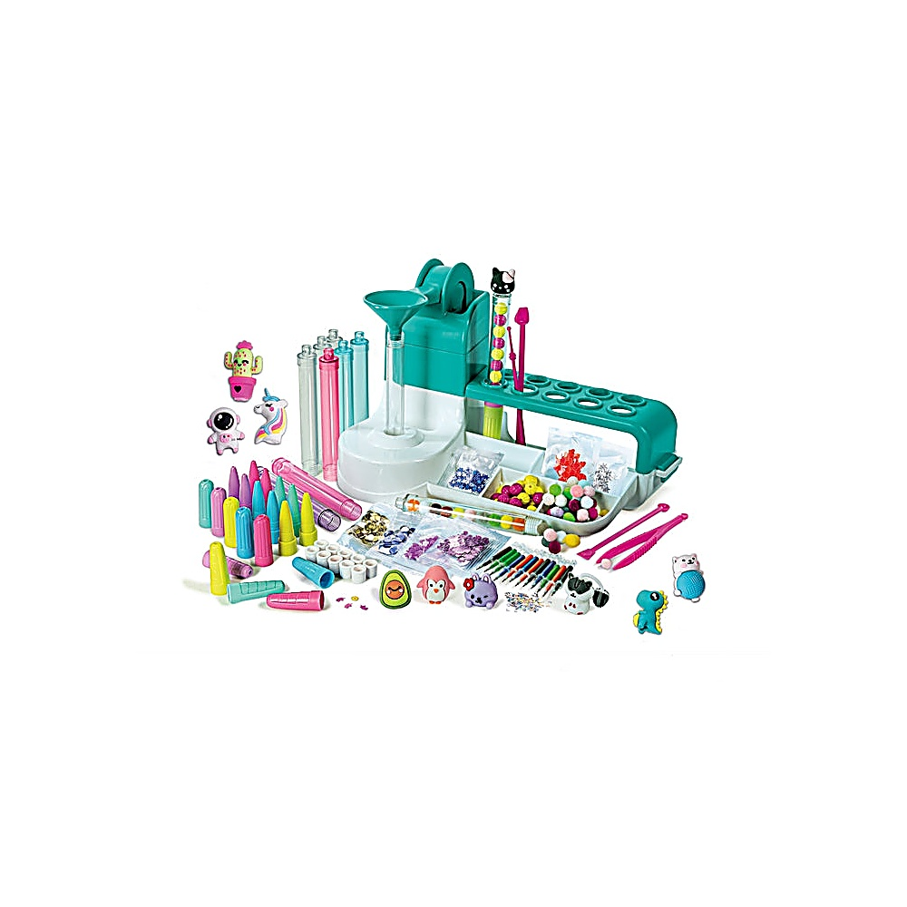 Un colorato kit di artigianato con macchina, perline, ciondoli come unicorni, astronauti e dinosauri.
