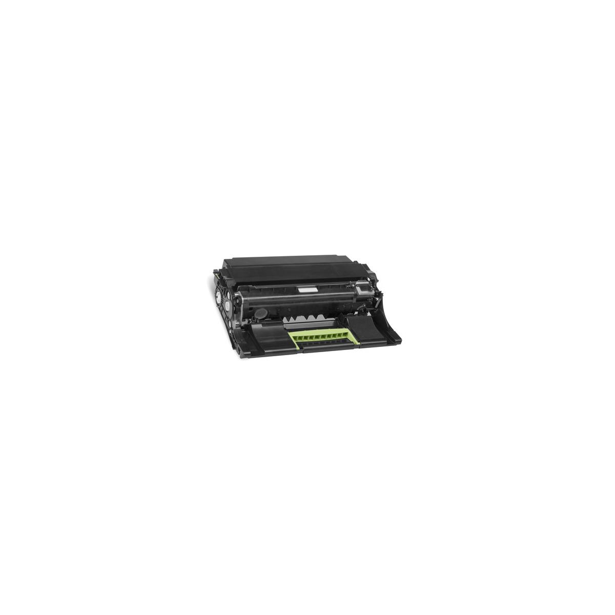 Una cartuccia toner nera aperta con accenti verdi.