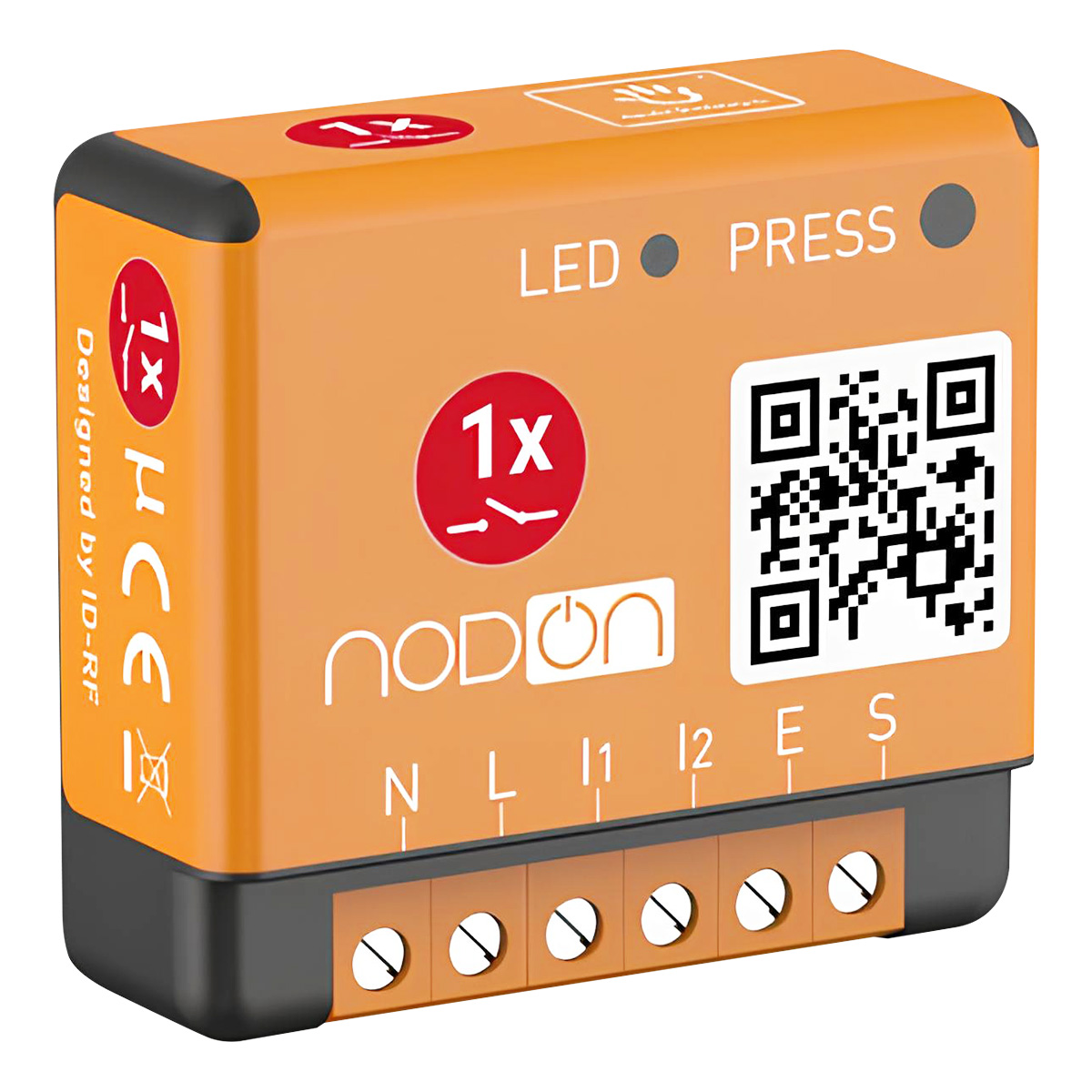 Dispositivo smart home arancione con codice QR, etichettato 'NODON', 'LED', 'PRESS'.