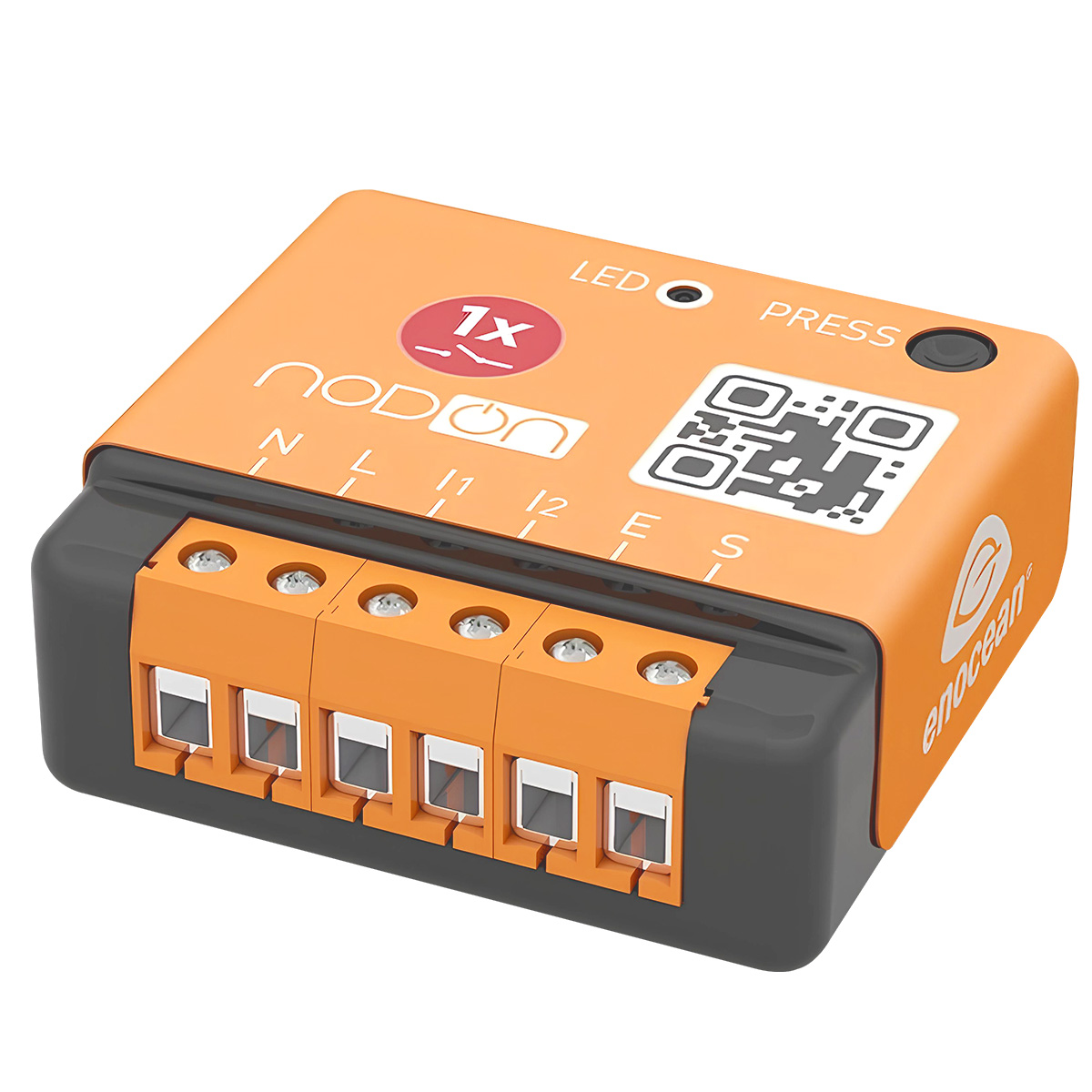 Interruttore smart home arancione e grigio con morsetti a vite, LED e codice QR.