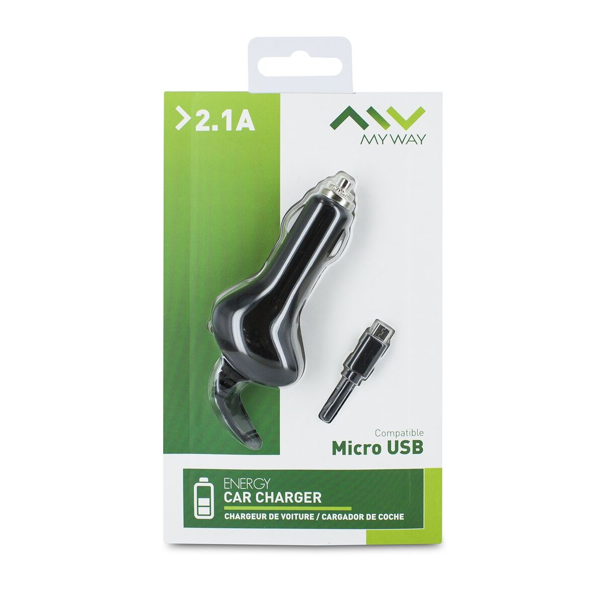 Caricabatterie per auto nero con cavo micro USB, uscita 2.1A, compatibile Micro USB.