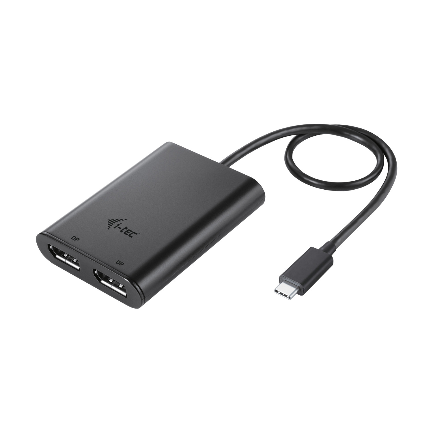 Adattatore USB-C a doppio DisplayPort nero con logo i-tec.