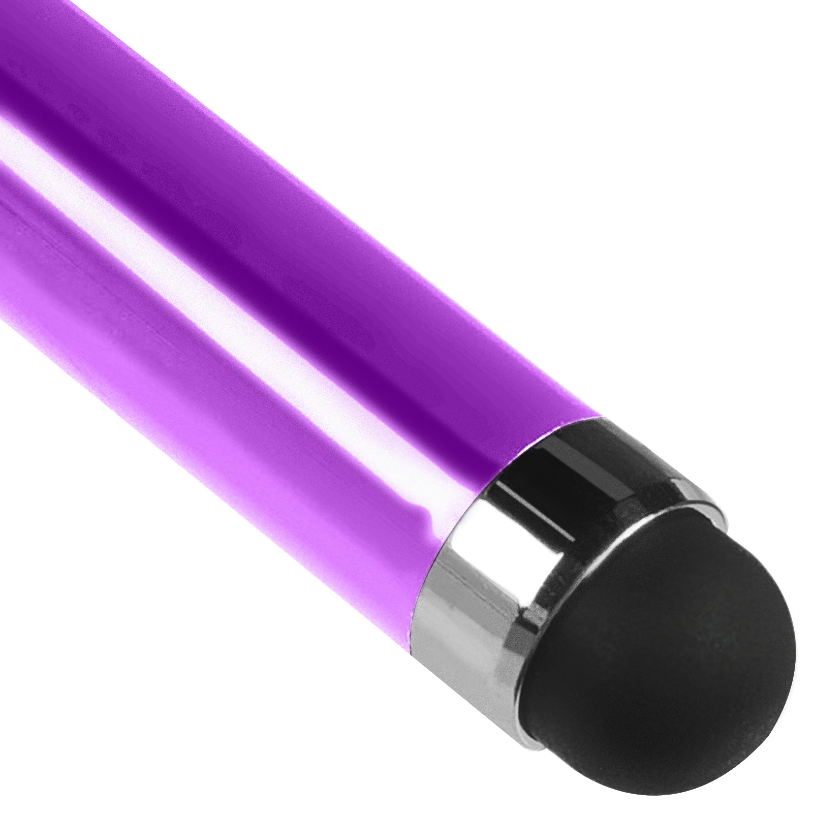 Penne stylus viola con punta nera e anello argentato su sfondo bianco.