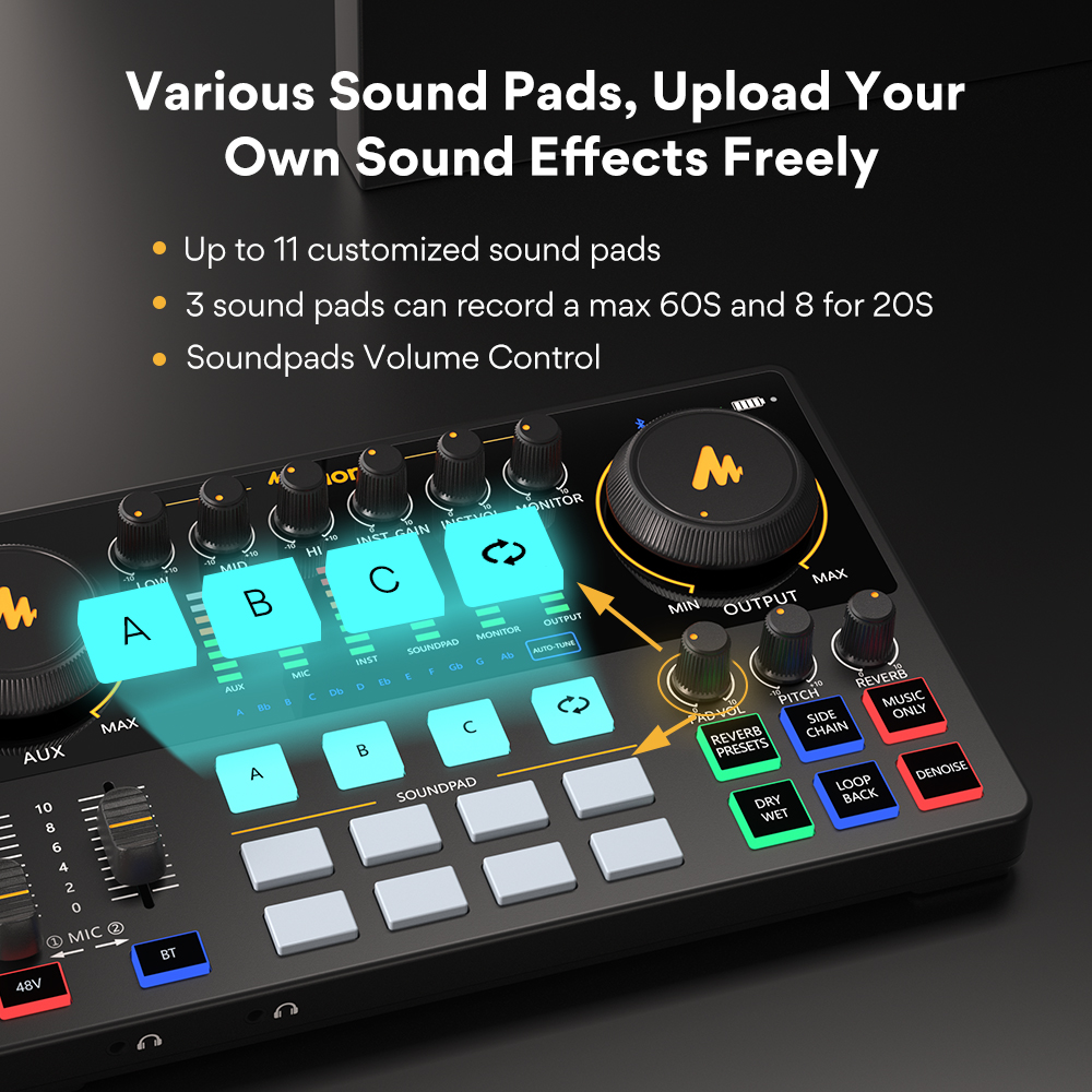 Mixer audio nero con pad sonori illuminati e manopole di controllo. Sovrapposizione di testo.