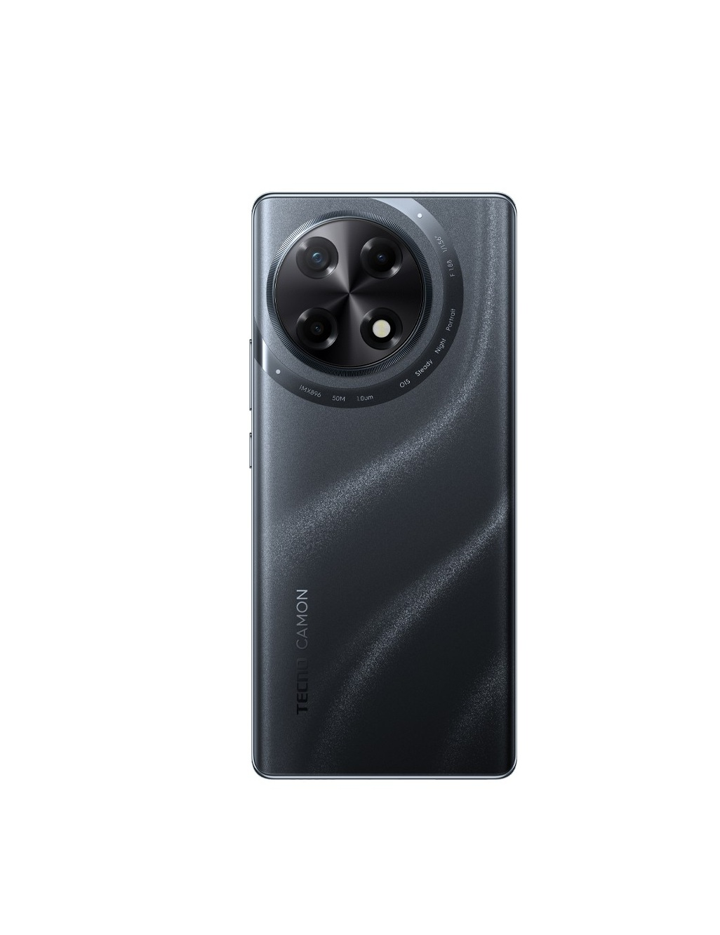 Dörtlü kamera kurulumuna sahip koyu renk Tecno Camon akıllı telefonun arkası.