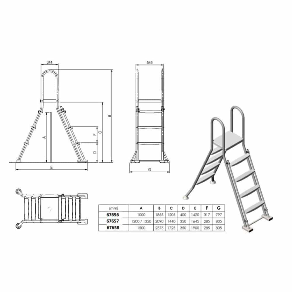 Disegni tecnici e rendering 3D di una scala con dimensioni e tabella.