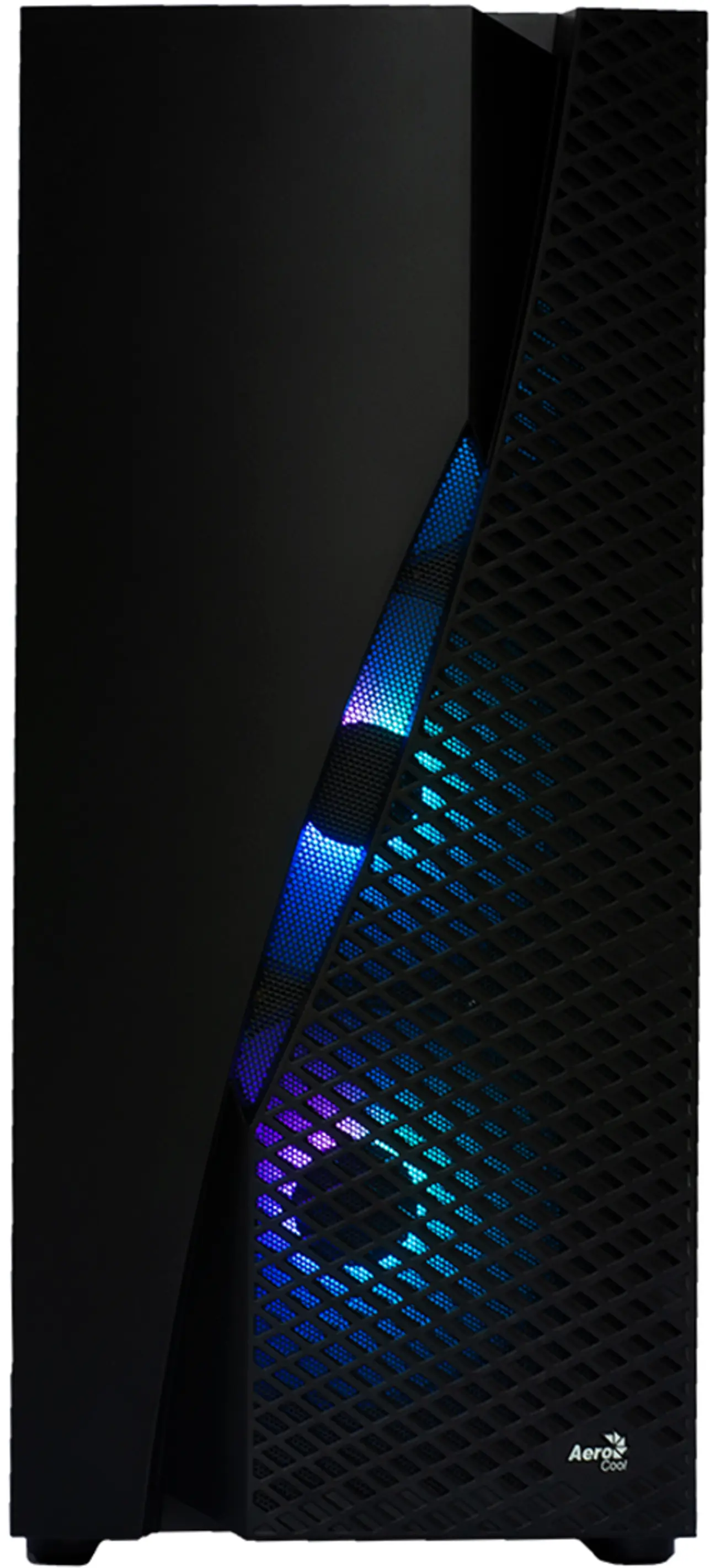 Zwarte computertoren met diagonaal deel met blauwe en paarse LED-verlichting.