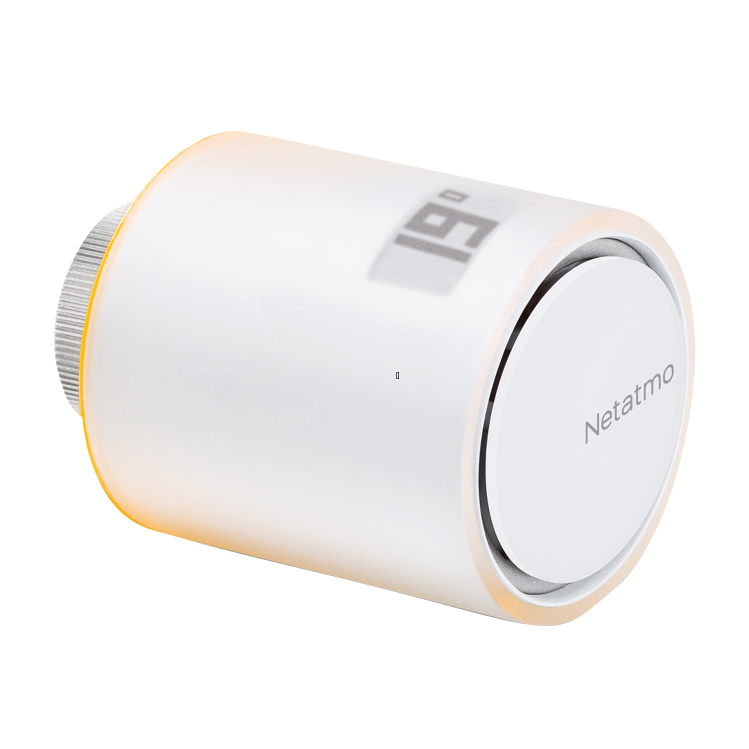 Ein weißer Netatmo-Thermostat zeigt 19 Grad an. Er hat eine silberne Basis und einen orangen Schein.