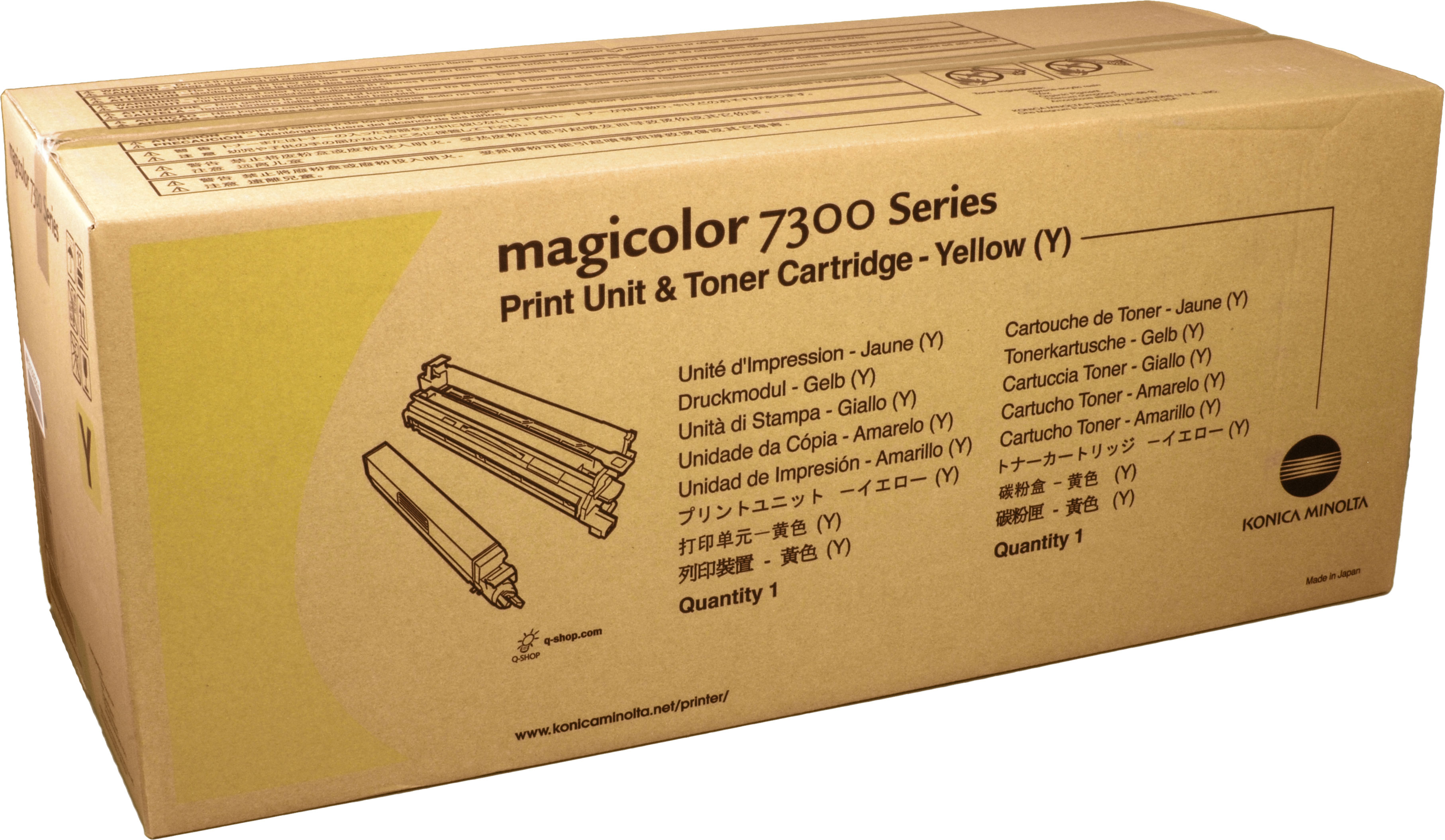 Scatola cartuccia toner giallo Konica Minolta magicolor 7300 con unità di stampa.