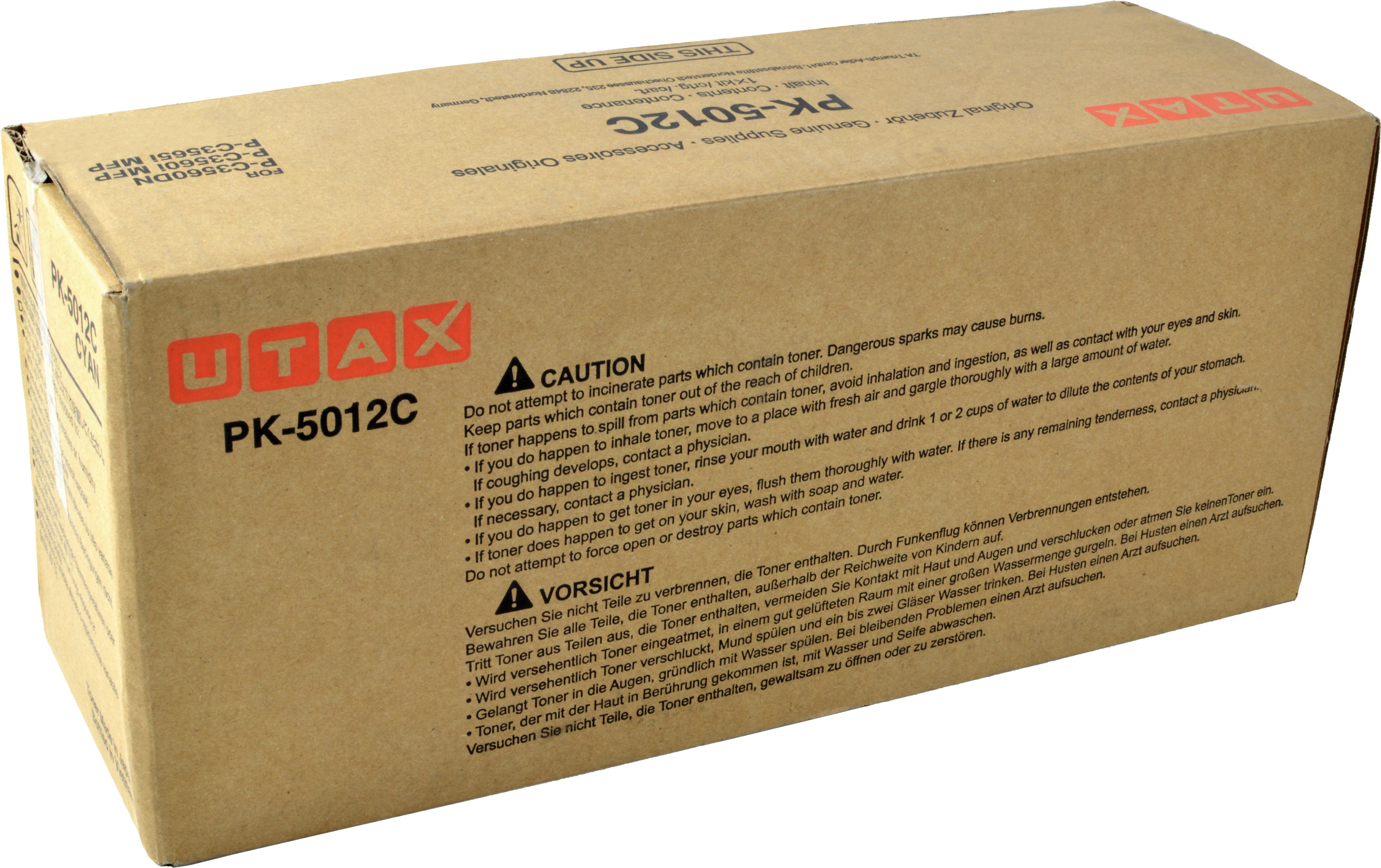 Una scatola di toner ciano UTAX PK-5012C con istruzioni di cautela e sicurezza.
