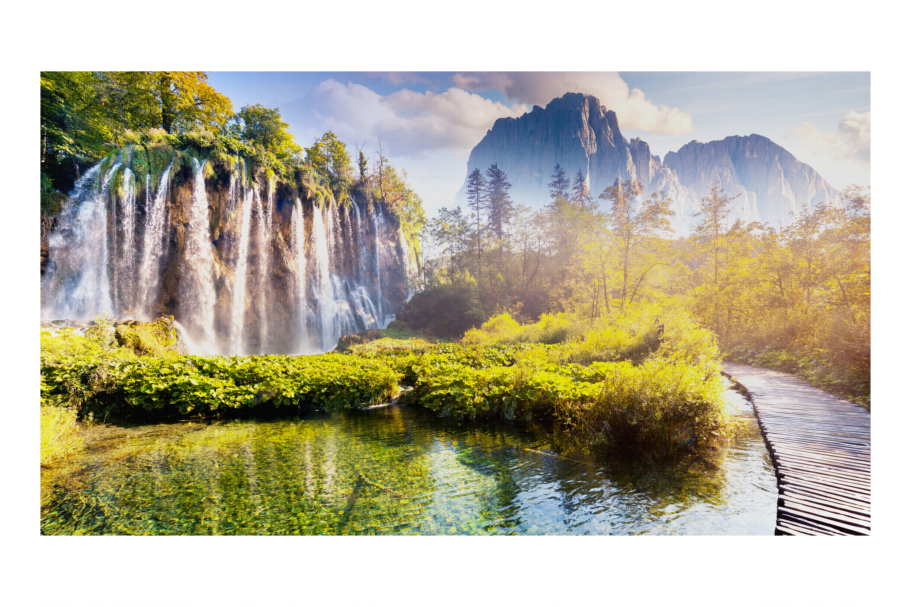 Una cascata scende da una parete rocciosa, circondata da una vegetazione lussureggiante e una passerella di legno.