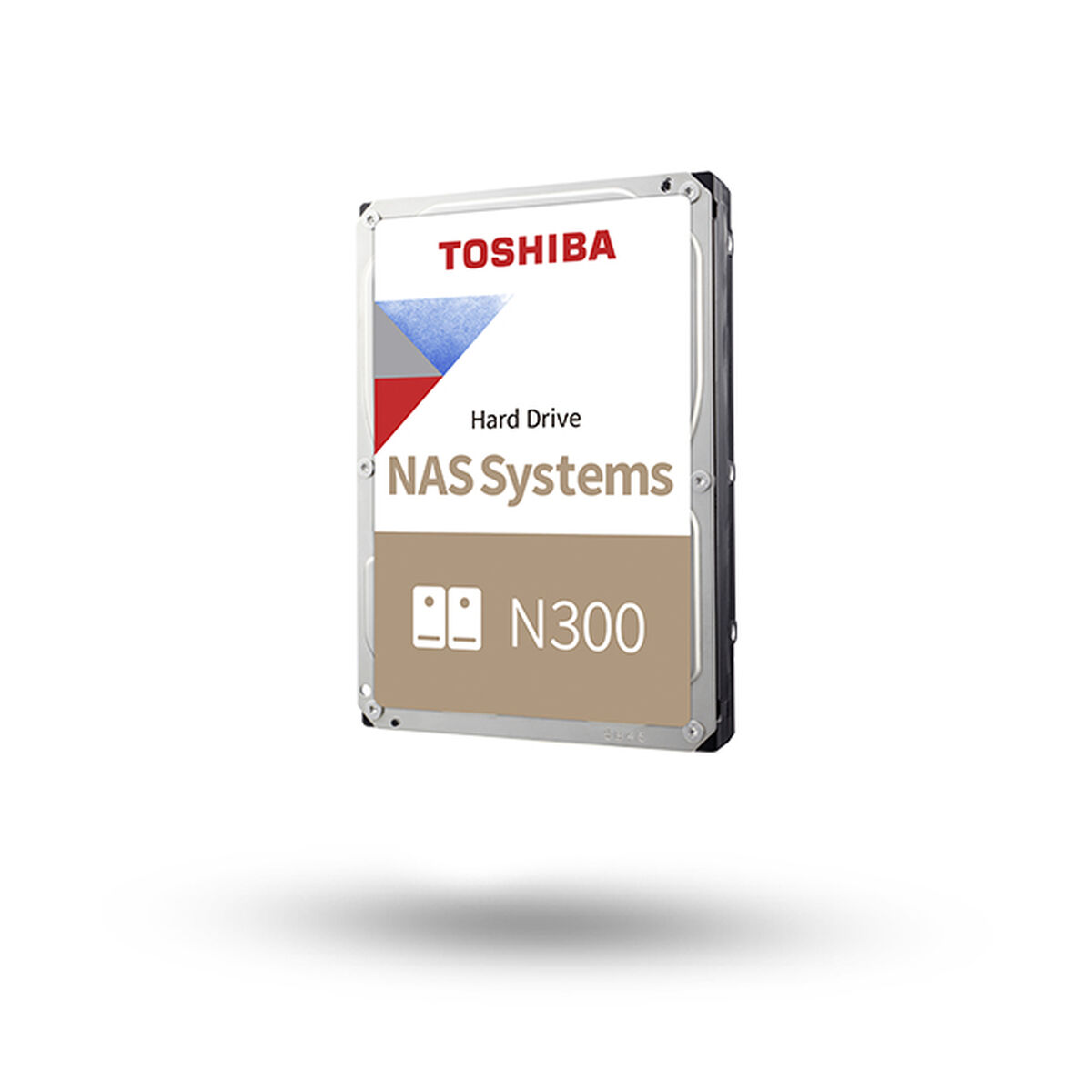 Disco duro Toshiba NAS Systems N300. Presenta un diseño geométrico y el nombre del producto.