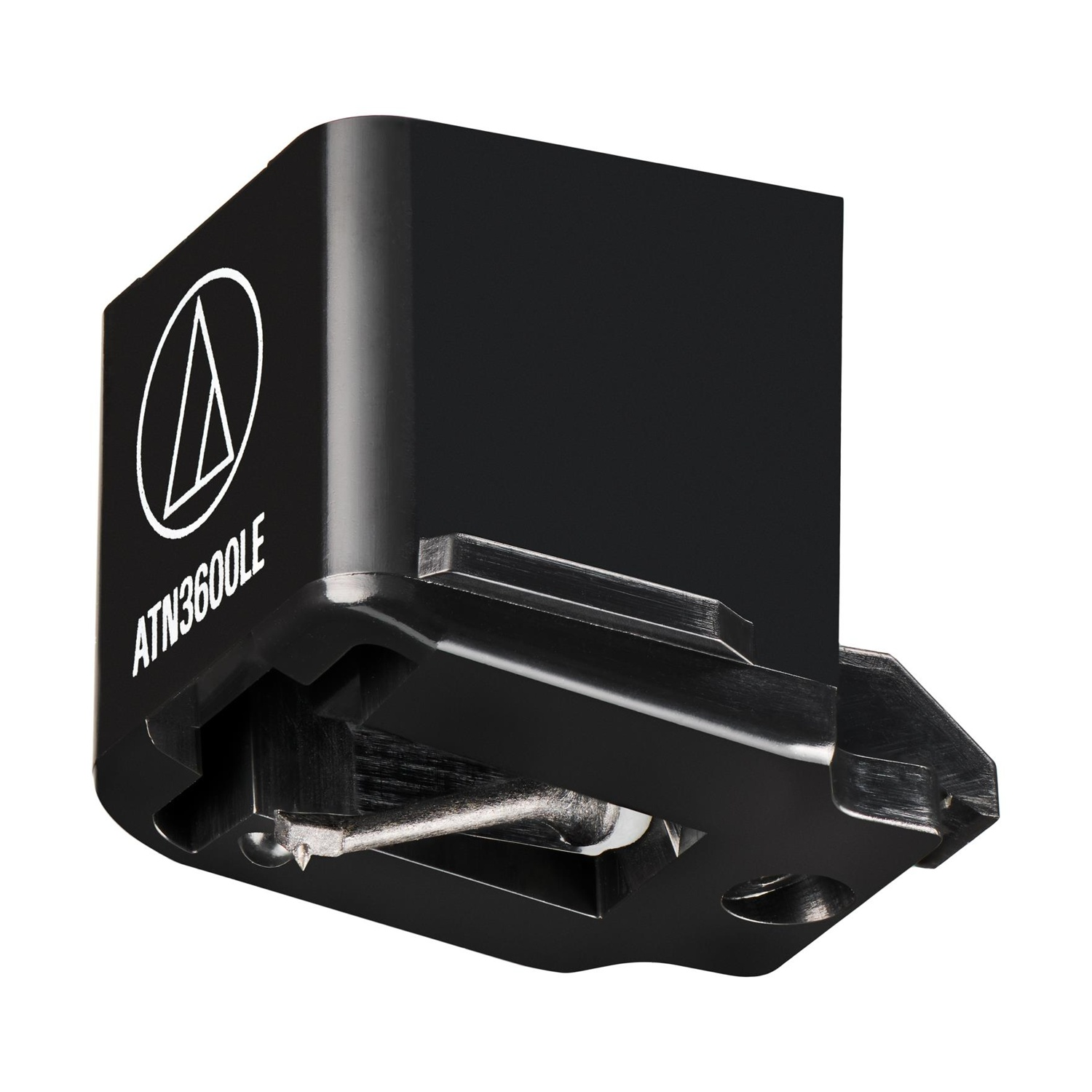 Zwarte toonarmcartridge met naald en merklogo. Tekst: ATN3600LE.