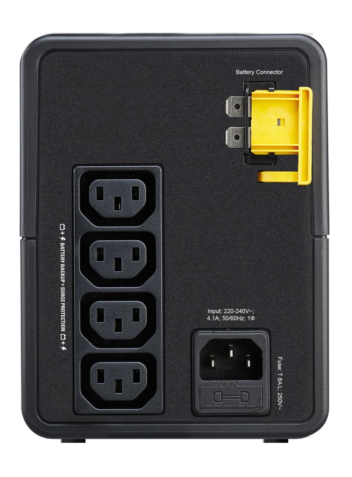 Retro di un dispositivo UPS nero che mostra prese e connettore batteria.