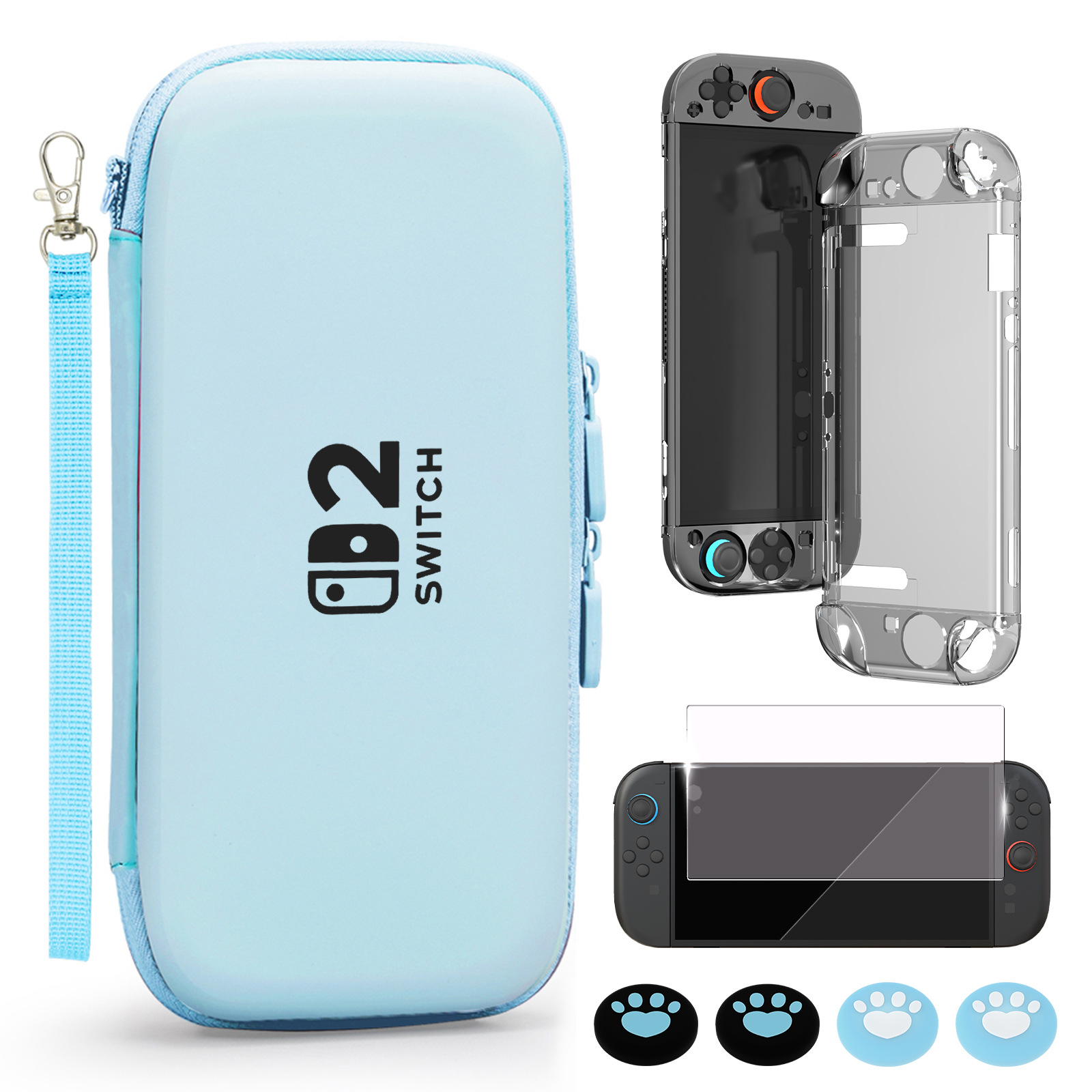 Jasnoniebieskie etui Nintendo Switch z nadrukiem łapy i akcesoriami: konsola, przezroczysta obudowa, ochrona ekranu, nakładki.