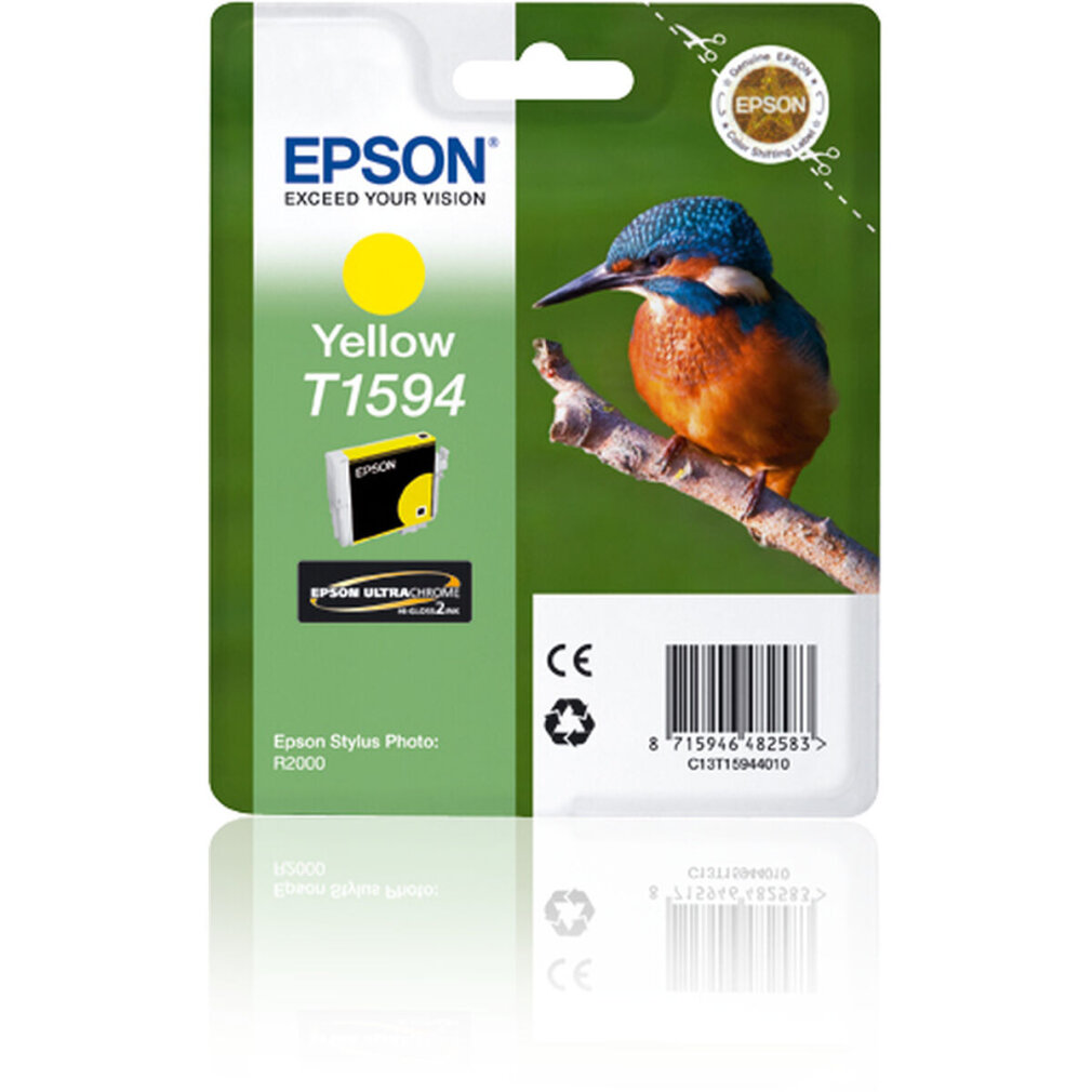 Epson yellow ink cartridge T1594 packaging with kingfisher bird on branch.