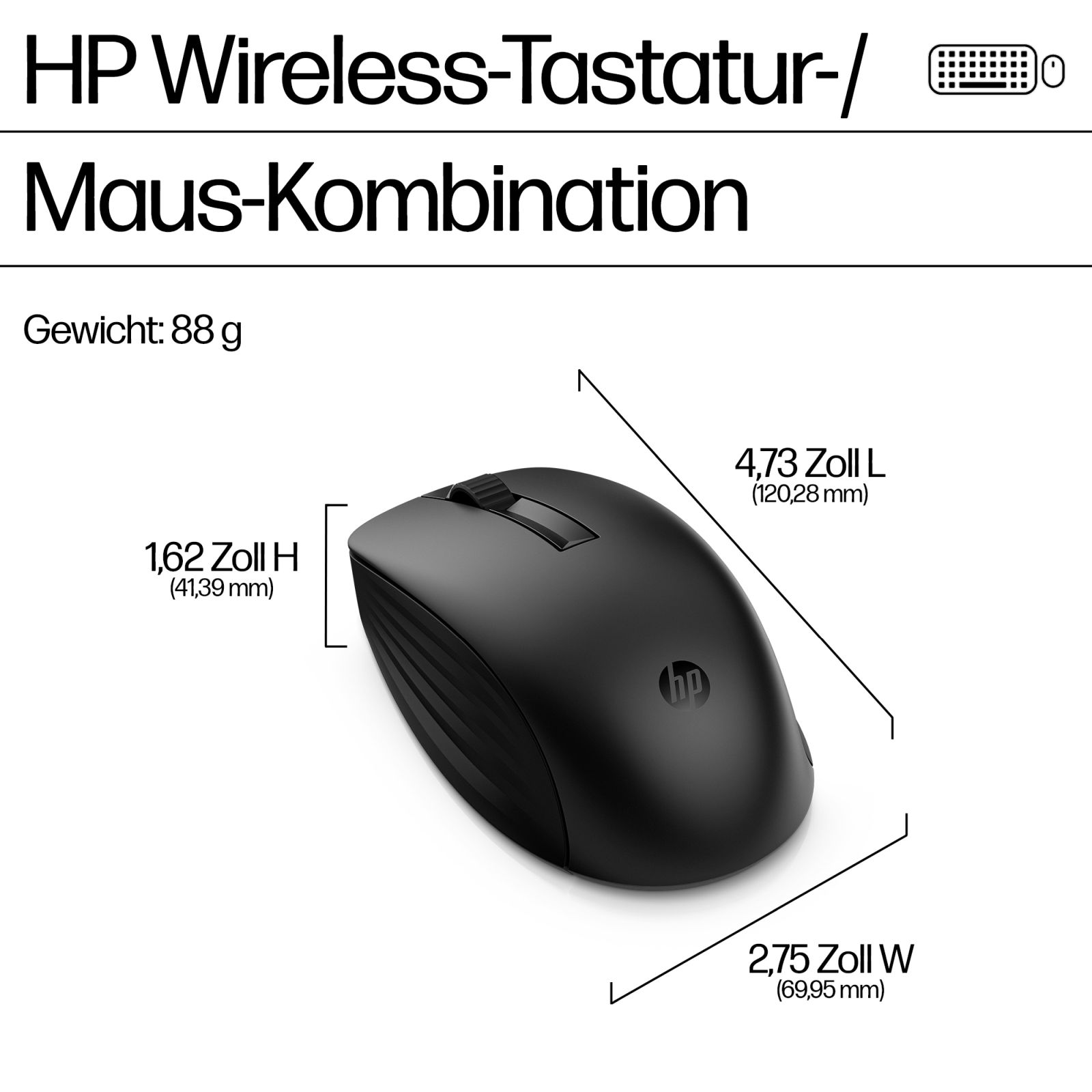 Mouse HP nero con dimensioni: 1,62 pollici A, 4,73 pollici L, 2,75 pollici P. Peso 88g.