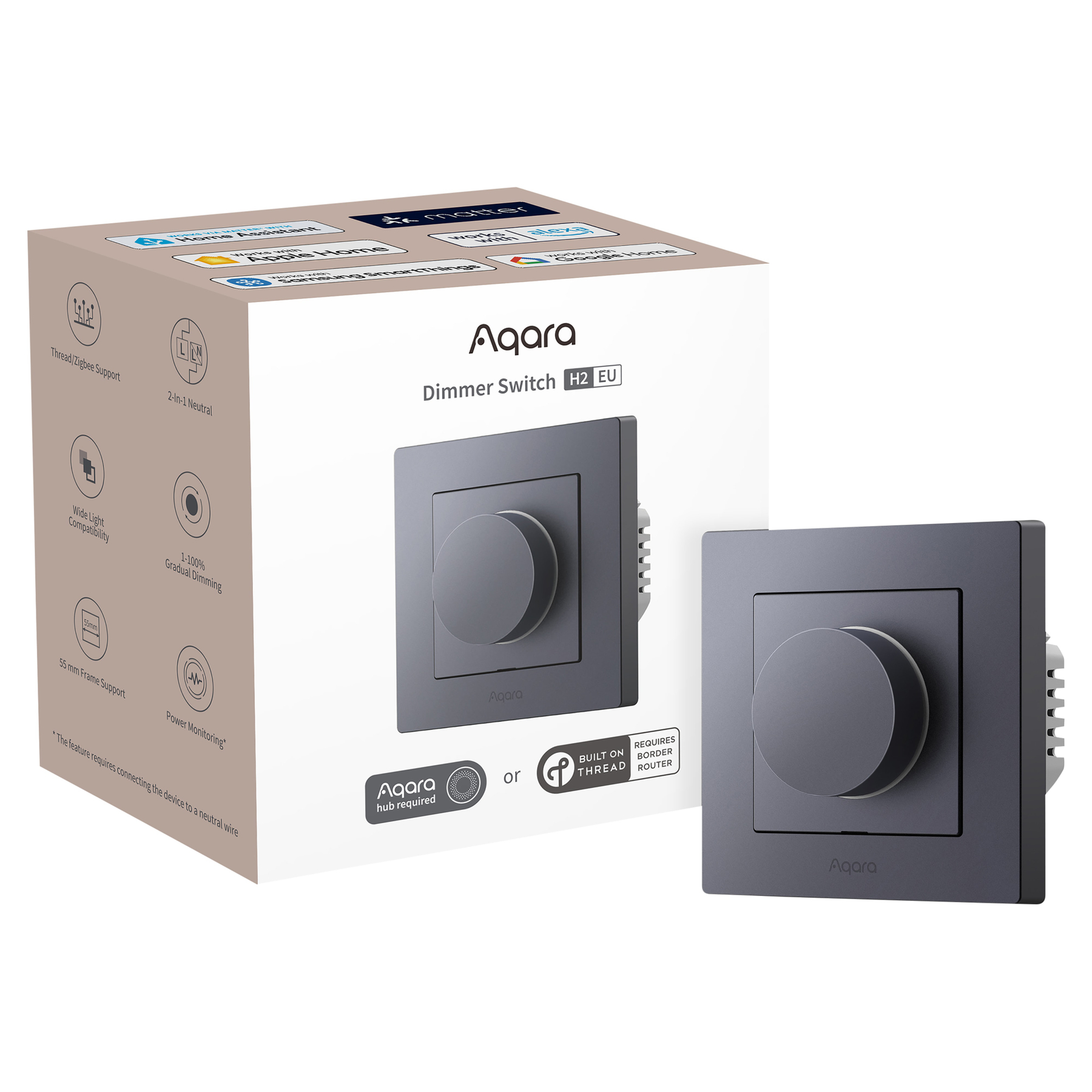 Interruttore dimmer Aqara H2 EU con manopola sulla scatola. Supporta Thread/Zigbee.