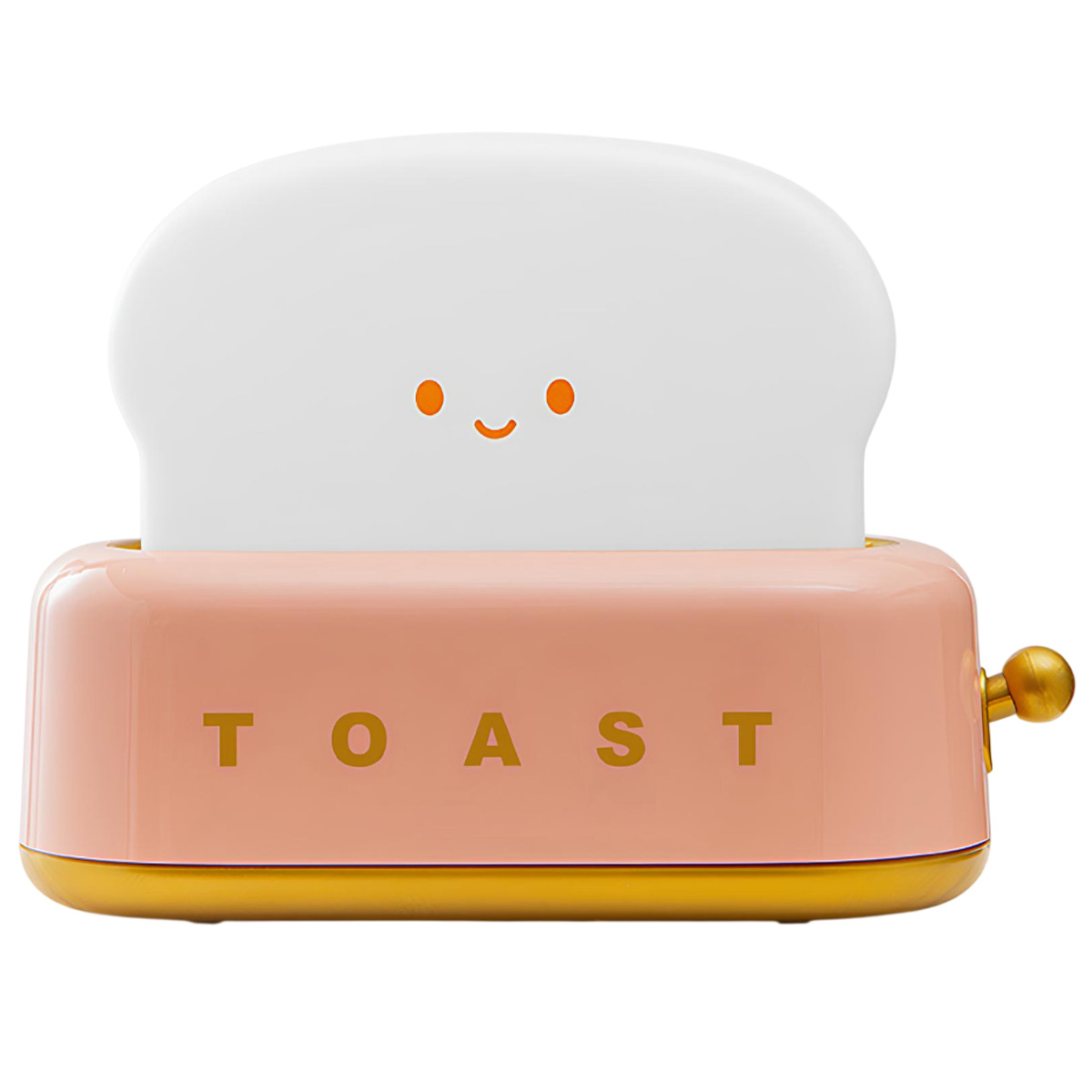 Eine süße rosa Toaster-Lampe mit einem lächelnden Gesicht und dem Wort TOAST.