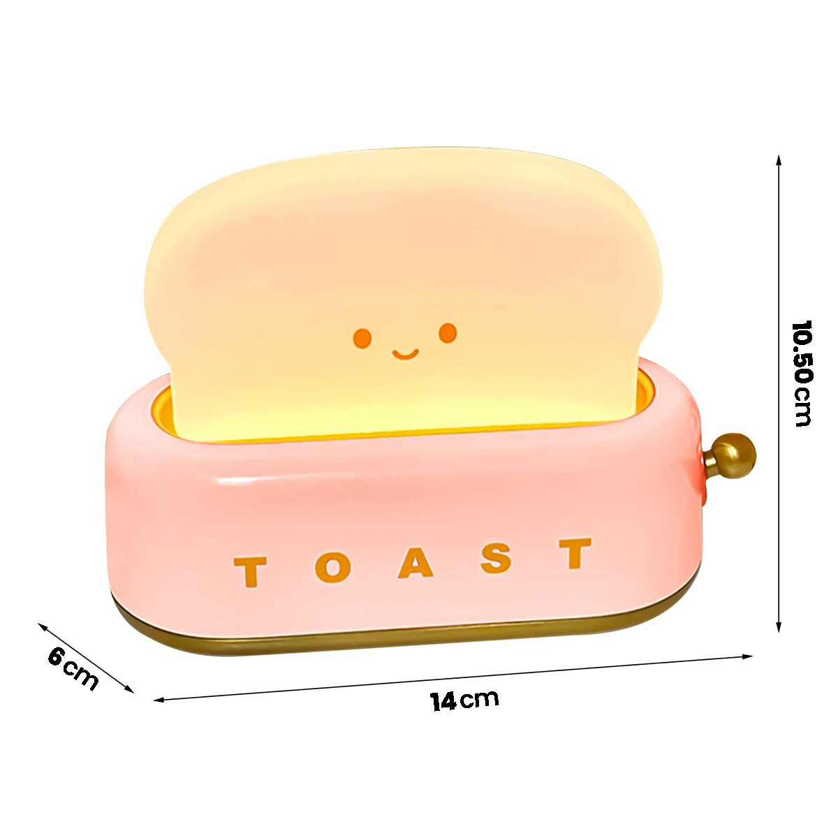 Eine rosa toasterförmige Lampe mit einer leuchtenden weißen Toastscheibe und einem süßen Gesicht.