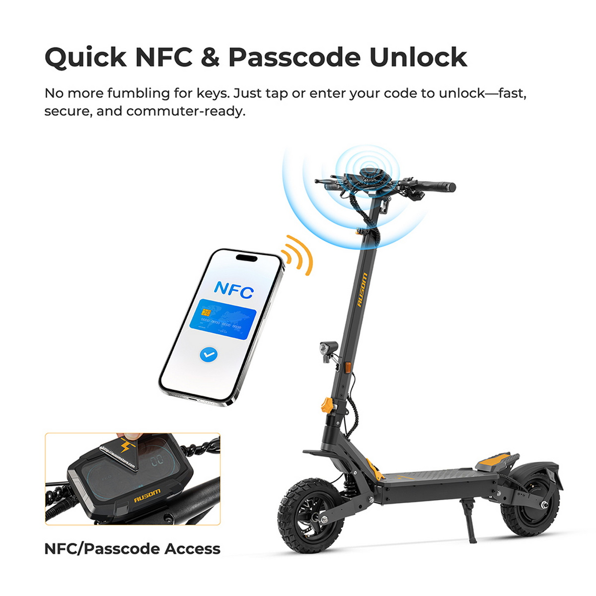 Monopattino elettrico nero con accenti gialli, smartphone mostra pagamento NFC.