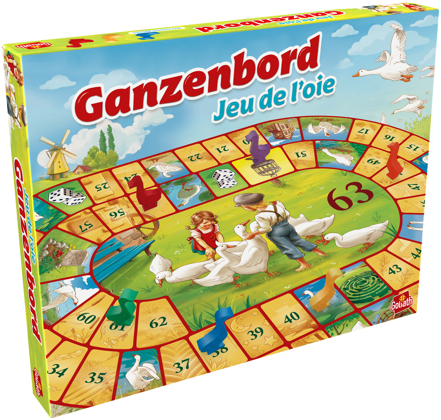 Gioco da tavolo "Ganzenbord" a tema oche, con bambini e oche all'aperto.