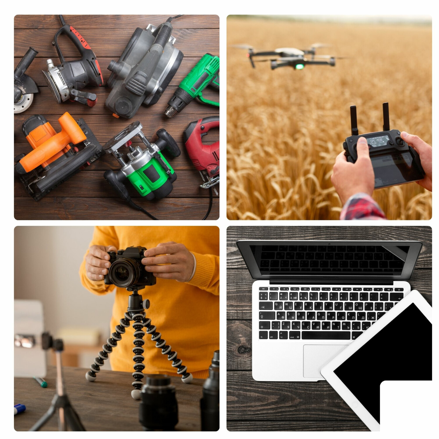 Collage aus Werkzeugen, Drohne, Kamera und Laptop. Oben links: Elektrowerkzeuge. Oben rechts: Drohnensteuerung. Unten links: Person mit Kamera. Unten rechts: Laptop & Tablet.