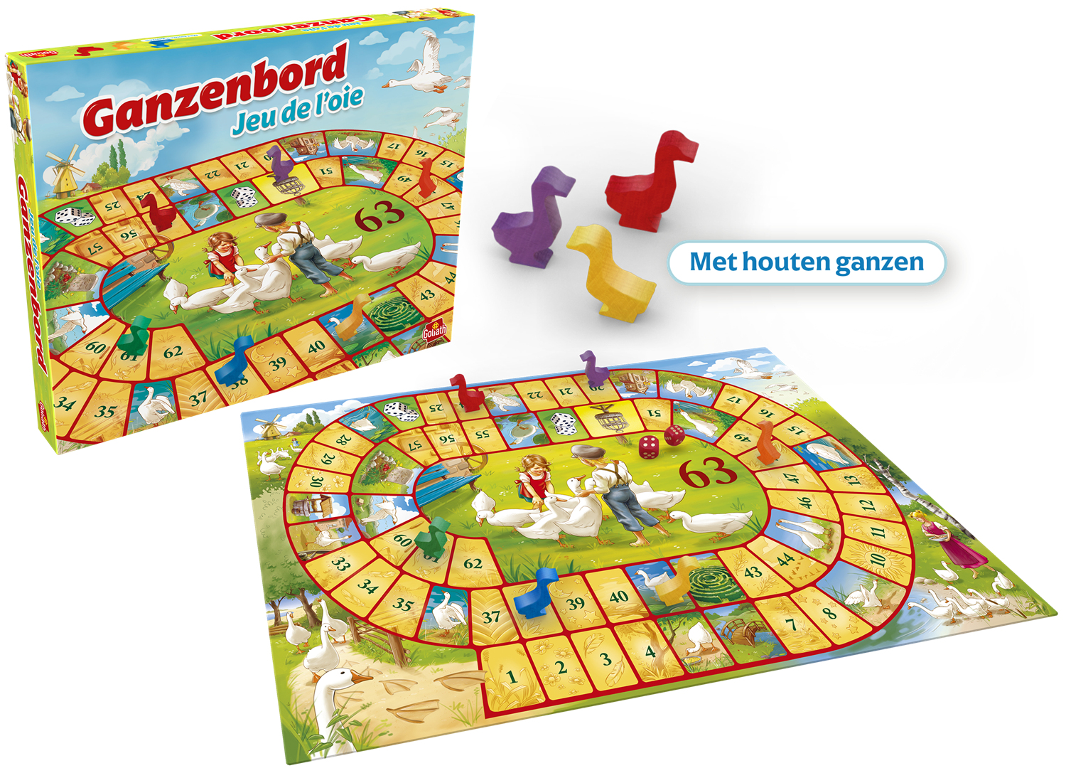 Il gioco da tavolo 'Ganzenbord' con pedine e dadi. Mostrati tabellone e scatola.