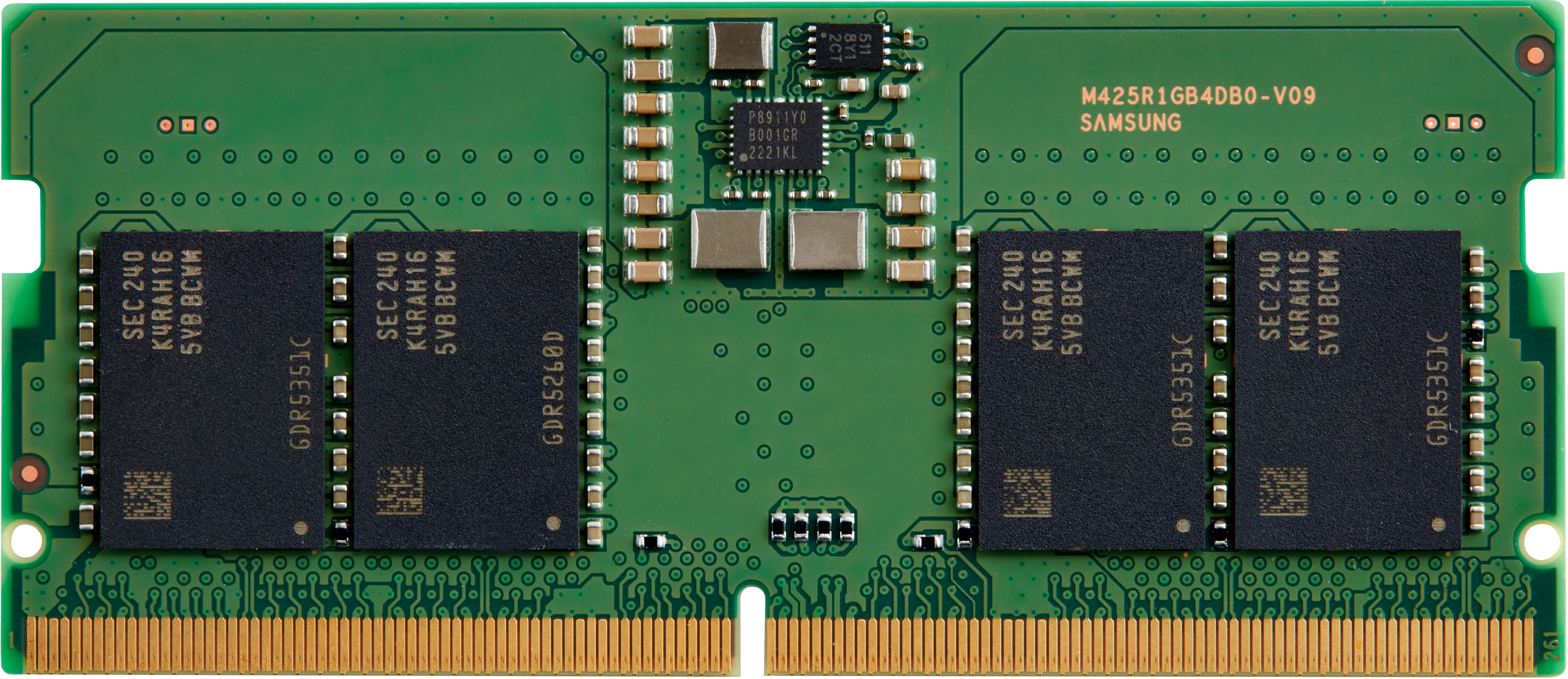 Scheda a circuito stampato verde con moduli RAM Samsung e connettori dorati.