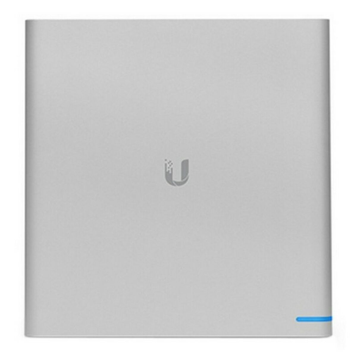 Un'elegante Ubiquiti UniFi Dream Machine Pro argentata con indicatore LED blu.