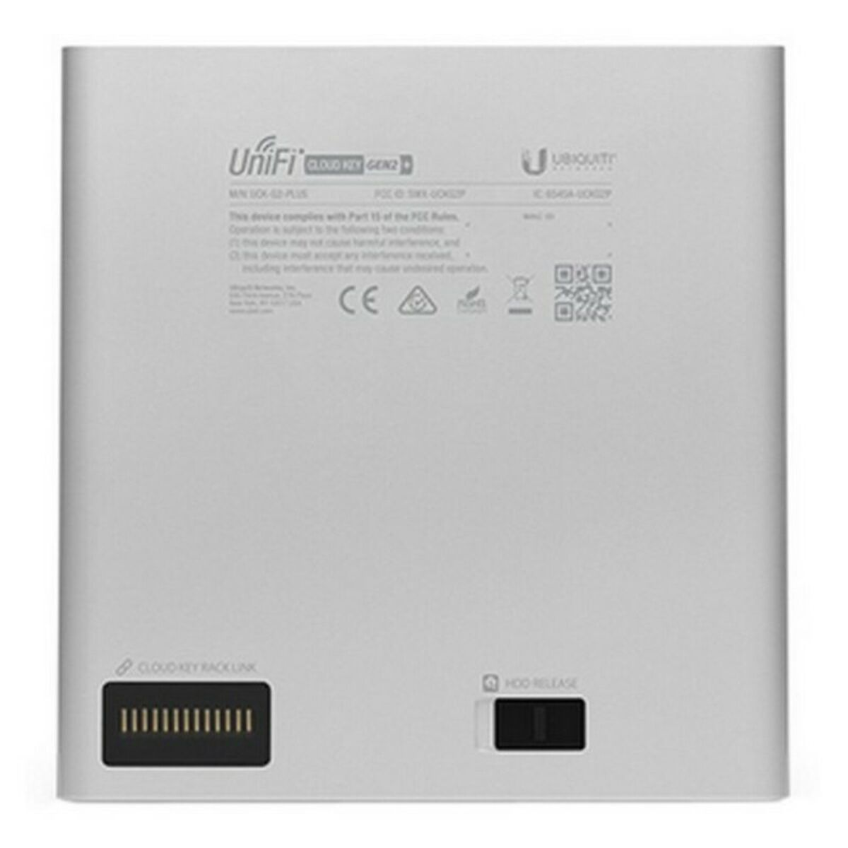 Retro di un Ubiquiti Cloud Key Gen2 argentato, con porte ed etichette.