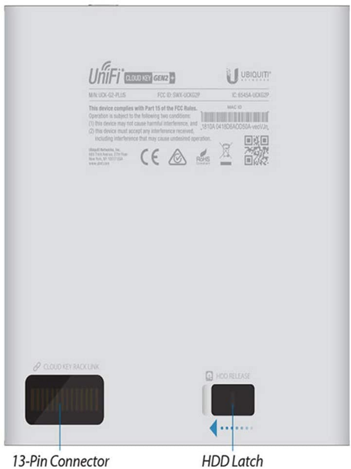 Retro del UniFi Cloud Key Gen2+ bianco. Mostra connettore a 13 pin e fermo HDD.