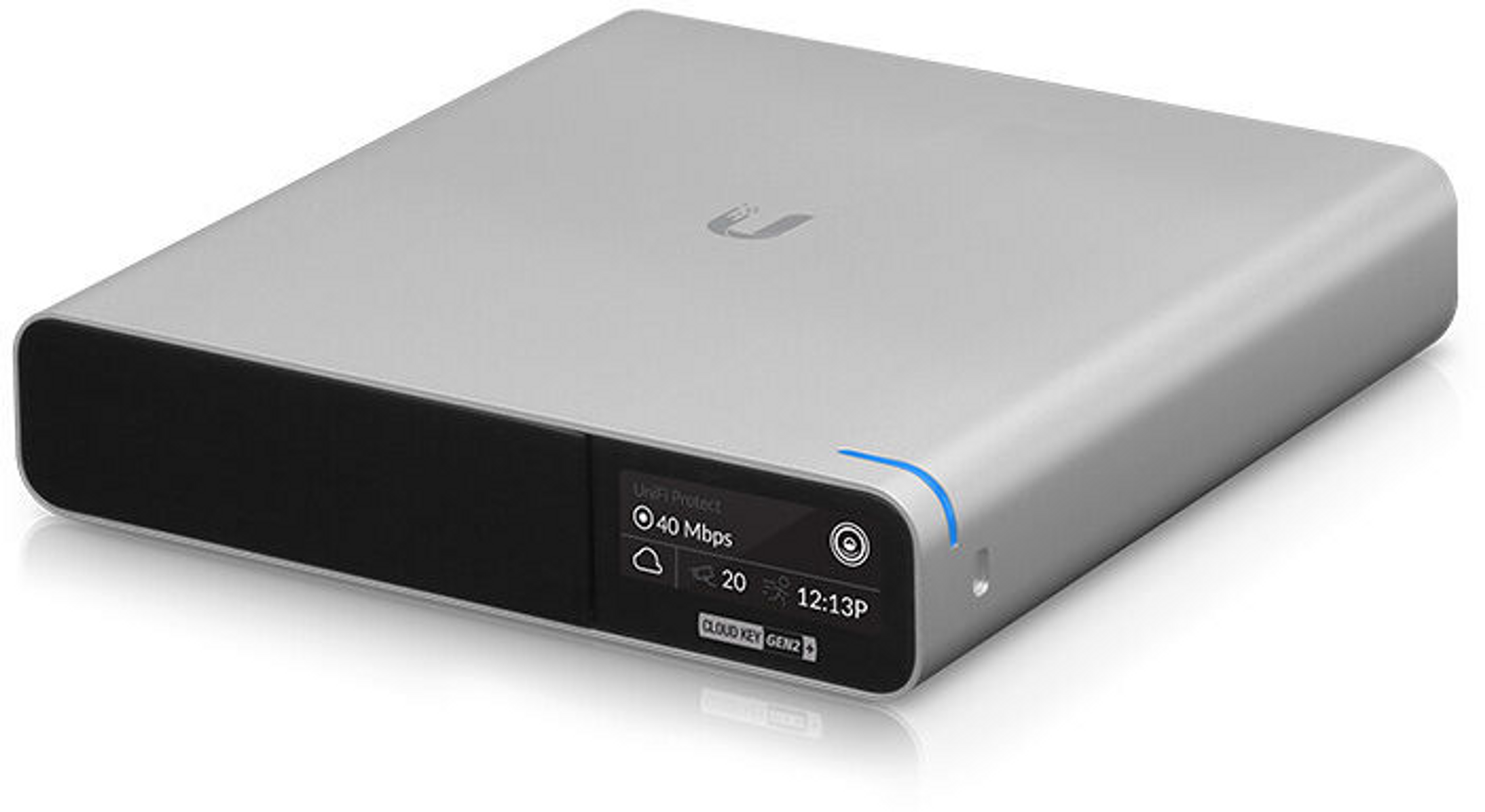 Un dispositivo silver network cloud key con piccolo schermo che mostra dati.