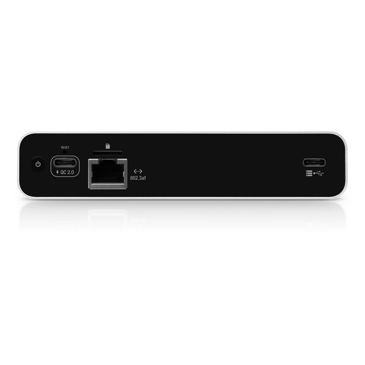 Vista posteriore di un dispositivo nero con pulsanti USB-C, Ethernet e reset.