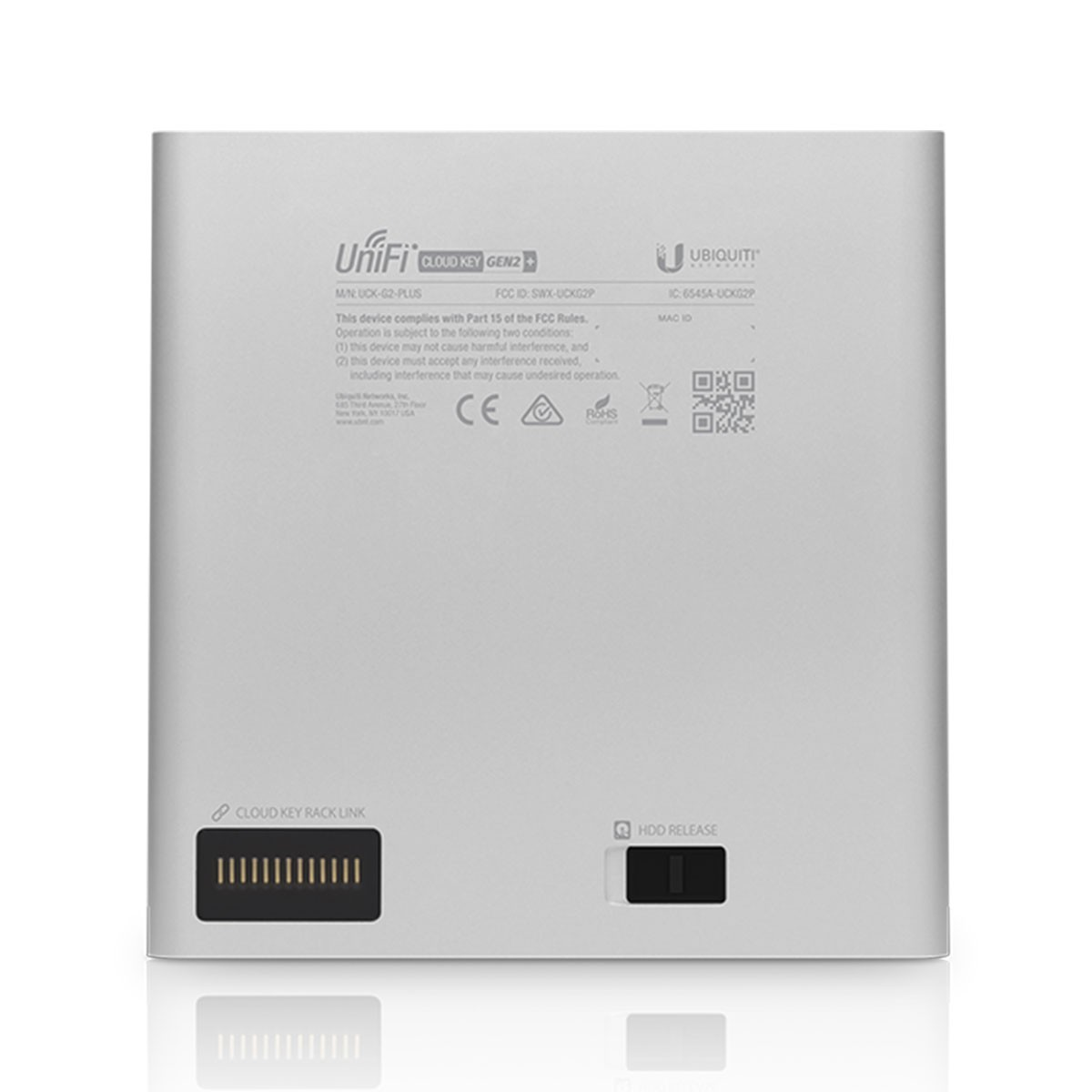 Retro di un UniFi Cloud Key Gen2 argentato con etichette e porte.