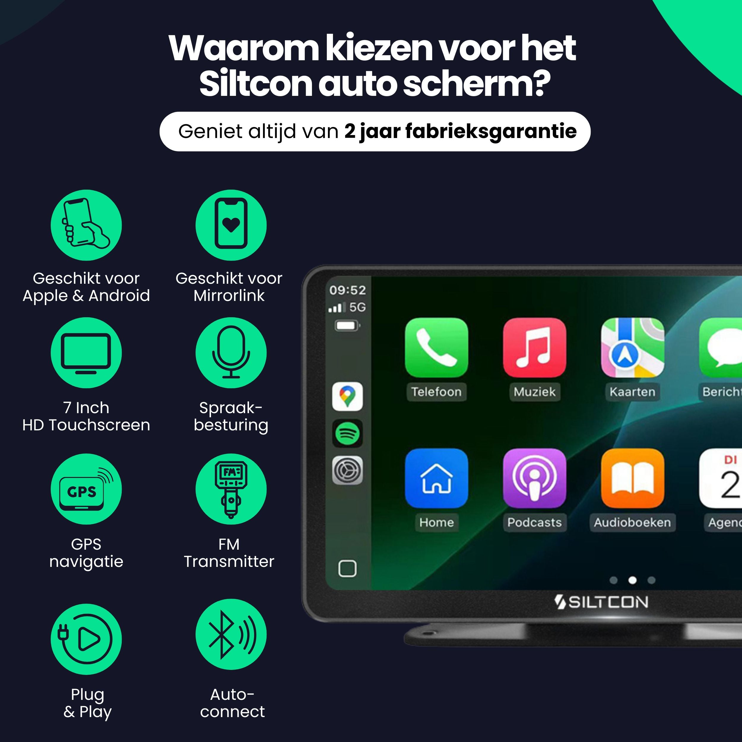 Car infotainment screen showing app icons like phone, music, and maps.