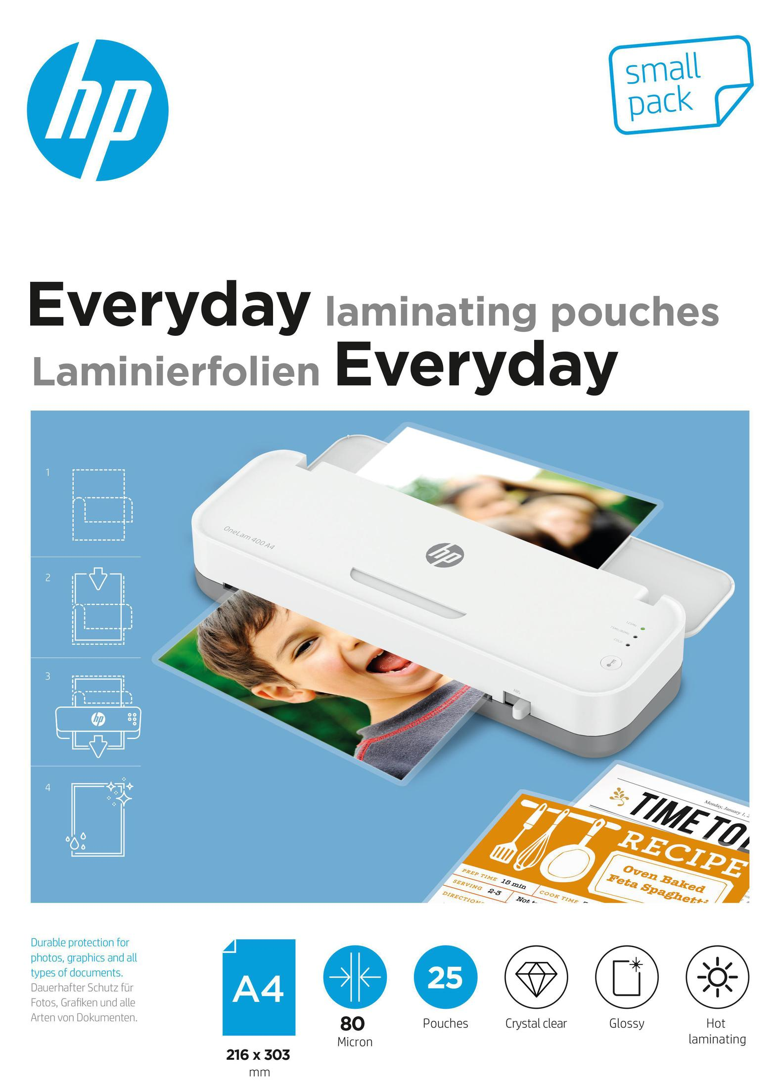 Plastificatrice HP con foto di un bambino e ricetta in laminazione. Confezione piccola.