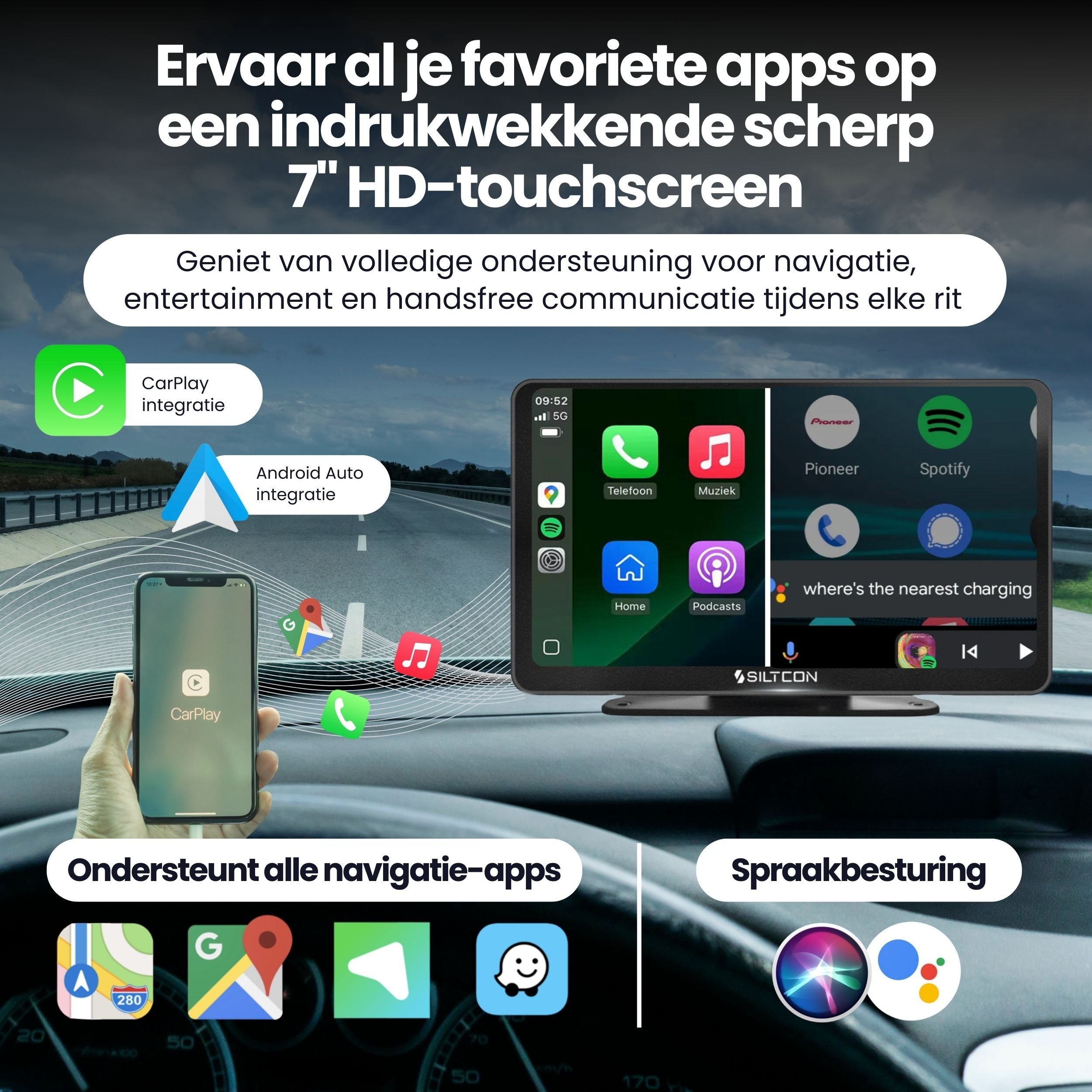 Car infotainment screen showing CarPlay, Android Auto, navigation, and apps. Phone displays CarPlay.