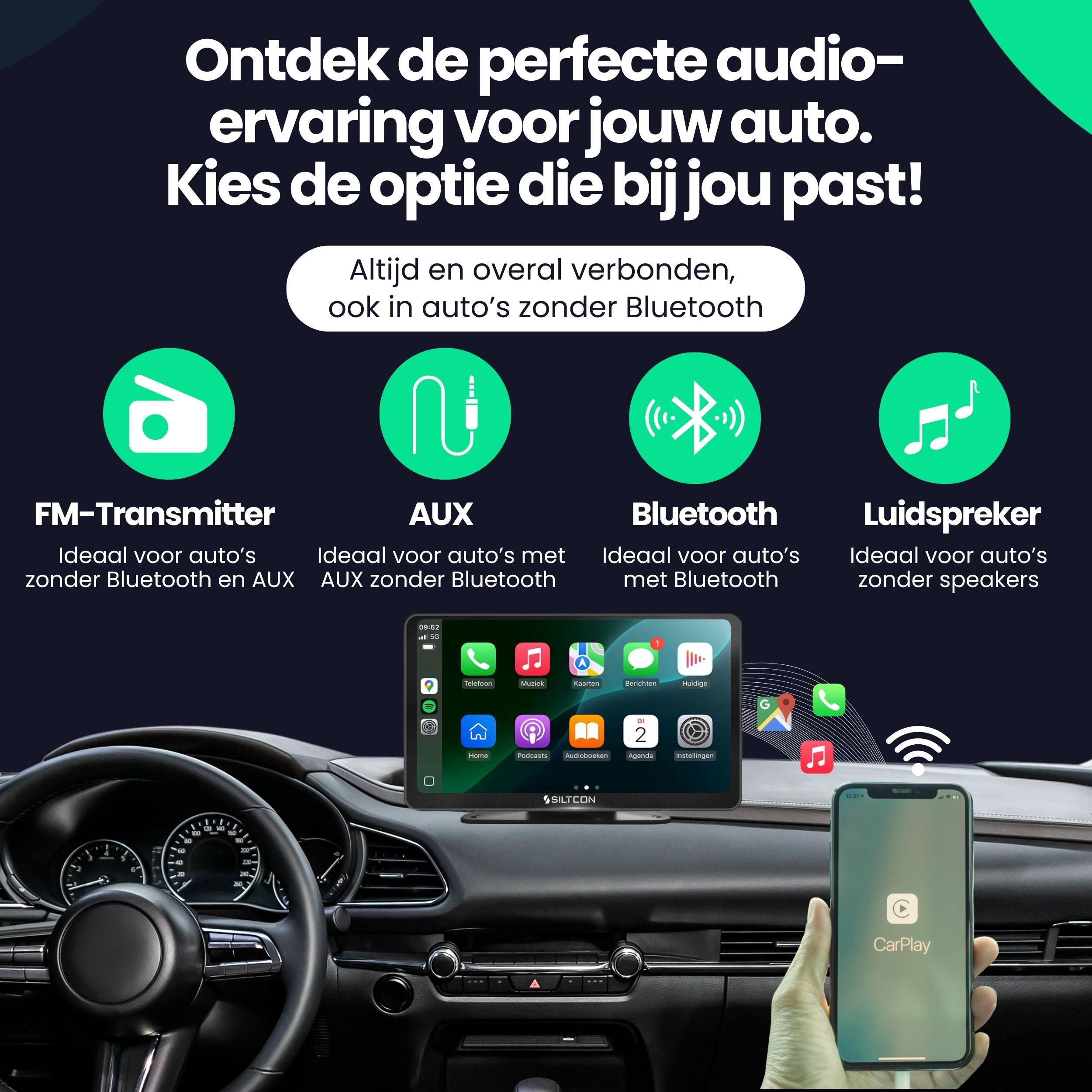 Car interior showing app icons, smartphone, and text about audio options.