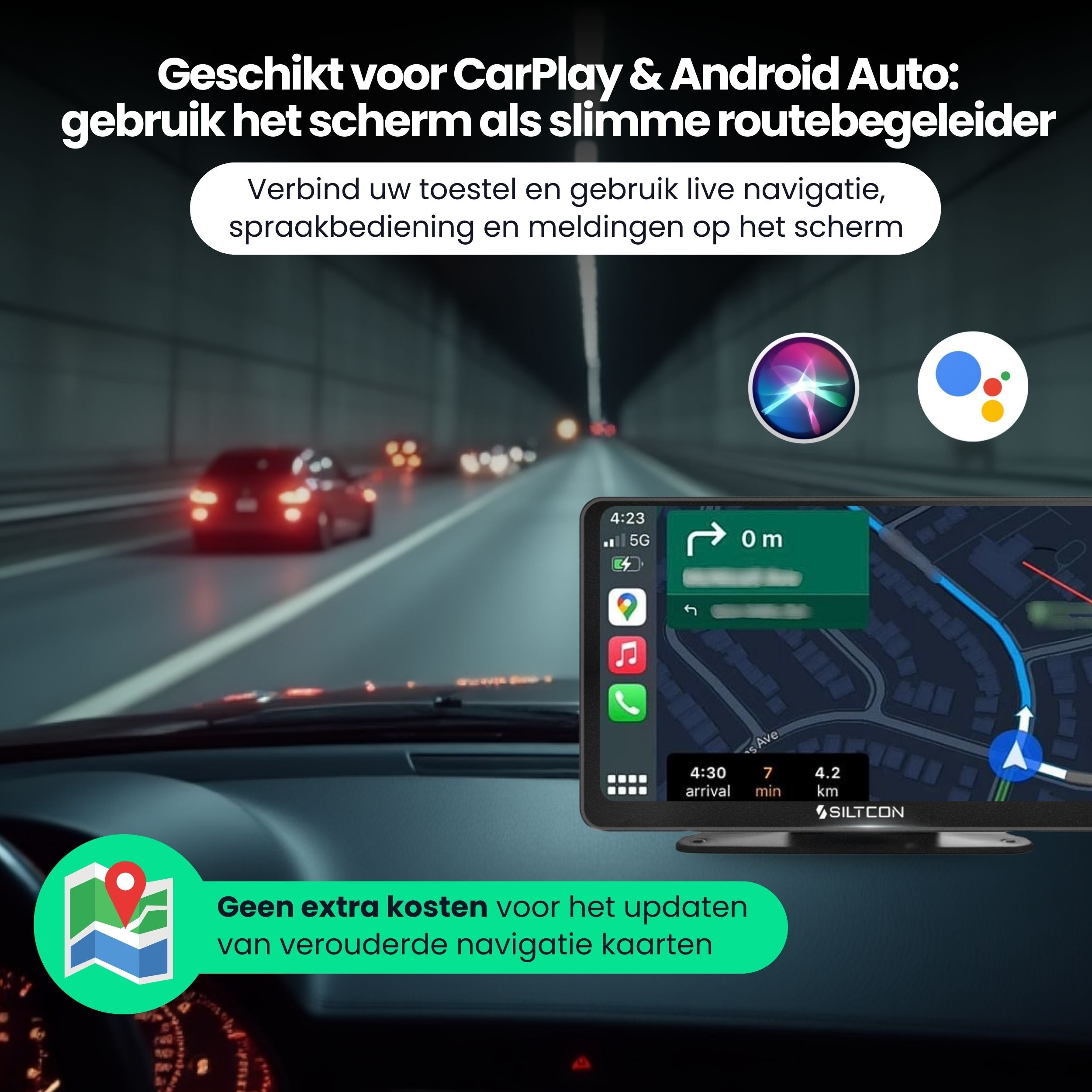 Car navigation screen showing map and voice assistant icons.