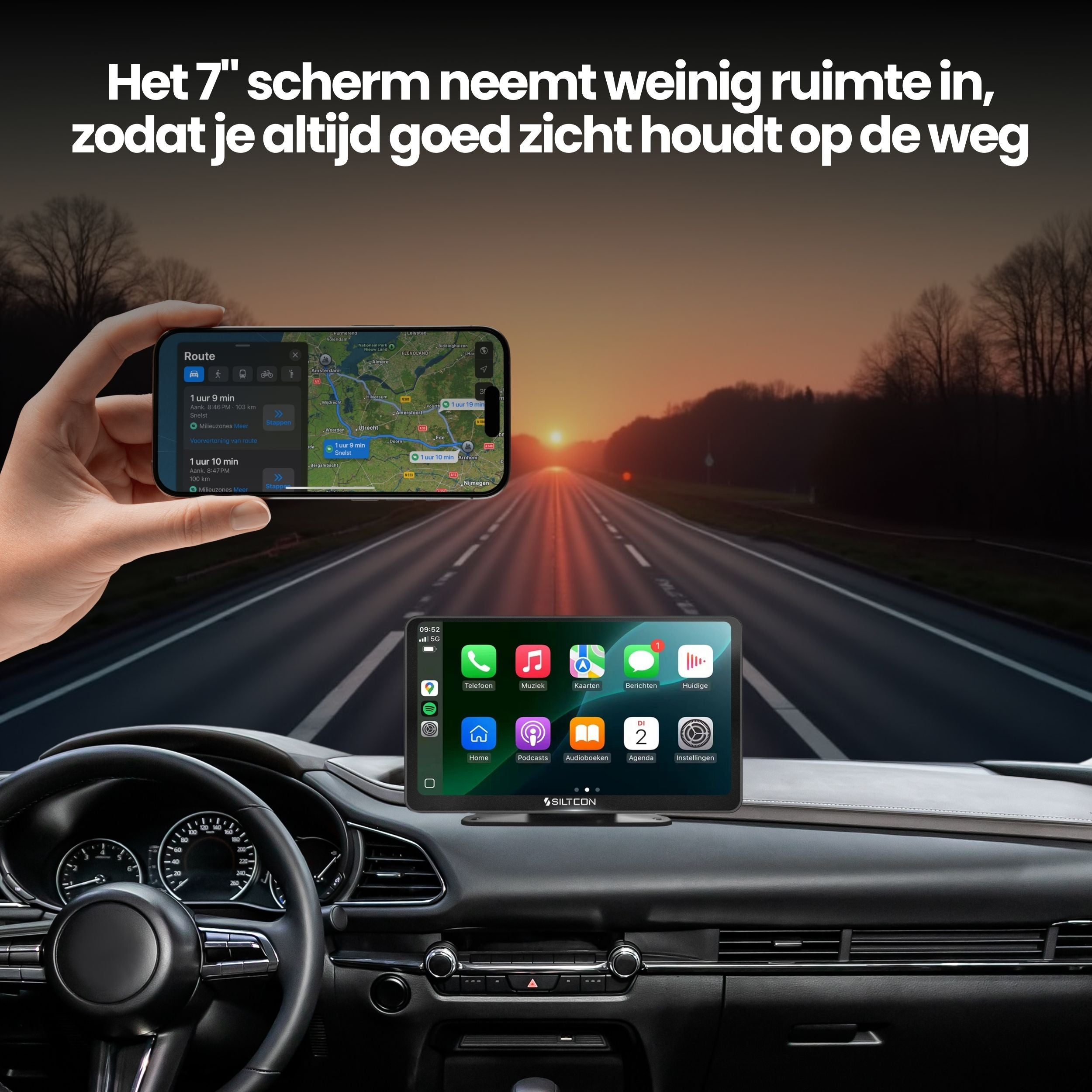Car infotainment system with navigation and a hand holding a smartphone.