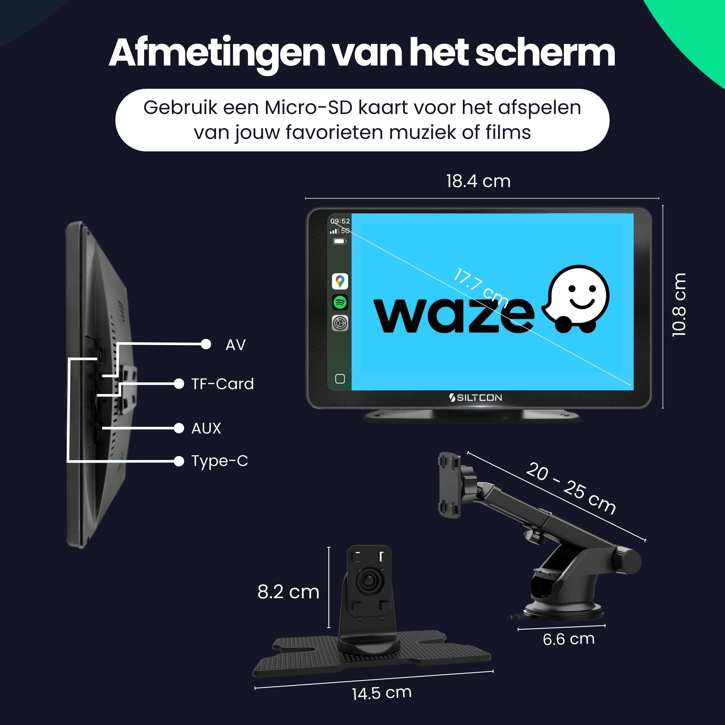 Screen dimensions with ports, touchscreen, mount, and measurements.