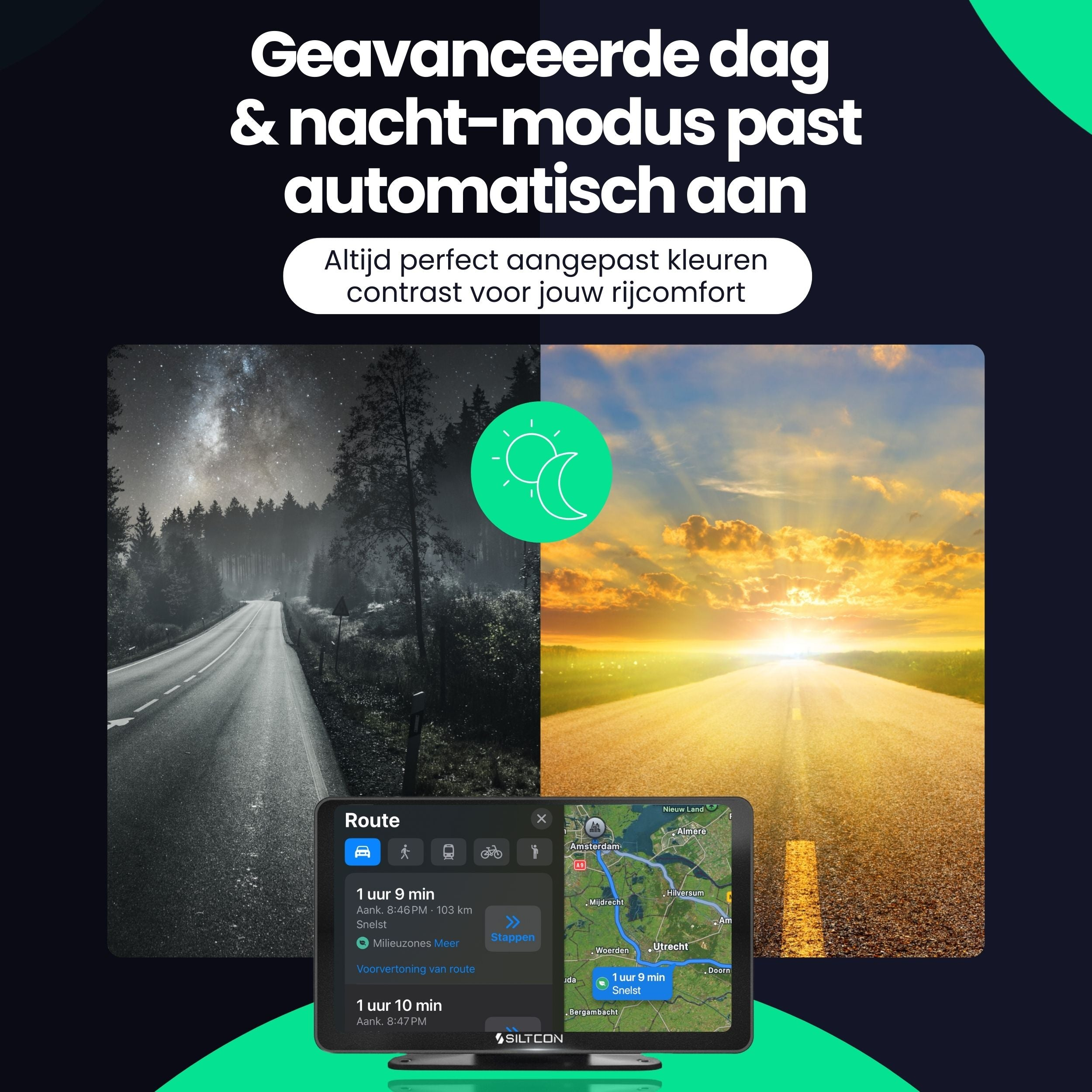 A split image shows a road at night and a road at sunset, with a navigation screen.