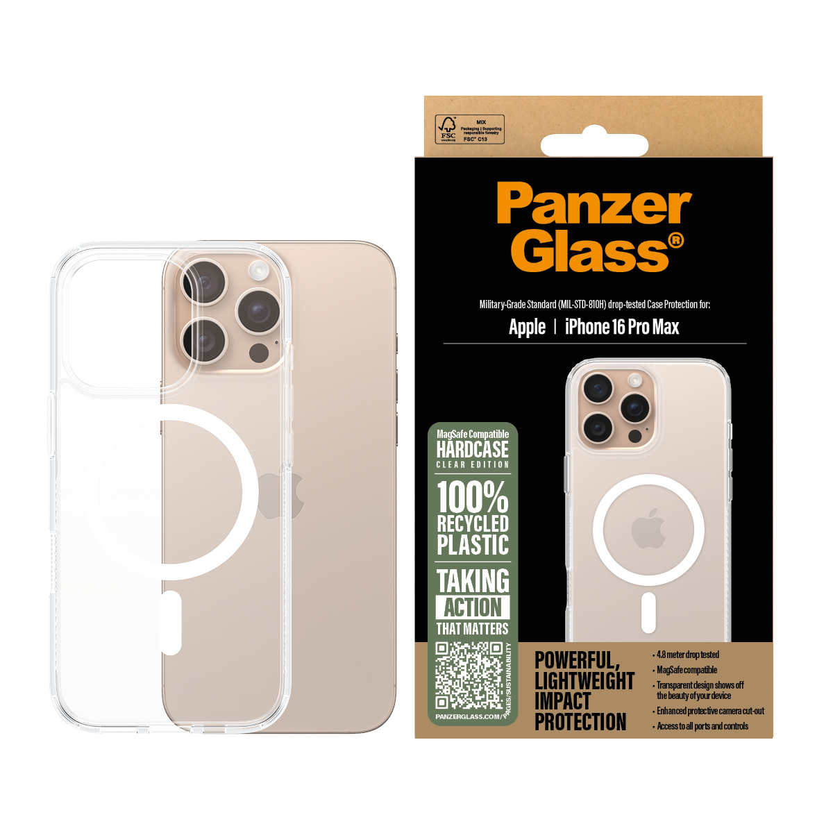 iPhone 16 Pro Max con cover MagSafe trasparente Panzer Glass. Confezione evidenzia plastica riciclata.