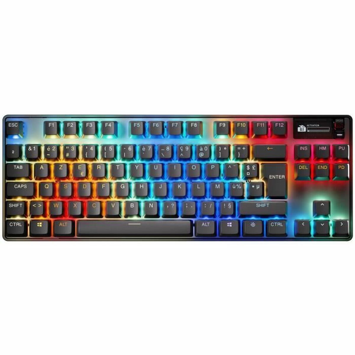 Una tastiera meccanica nera con retroilluminazione RGB. I tasti sono colorati.