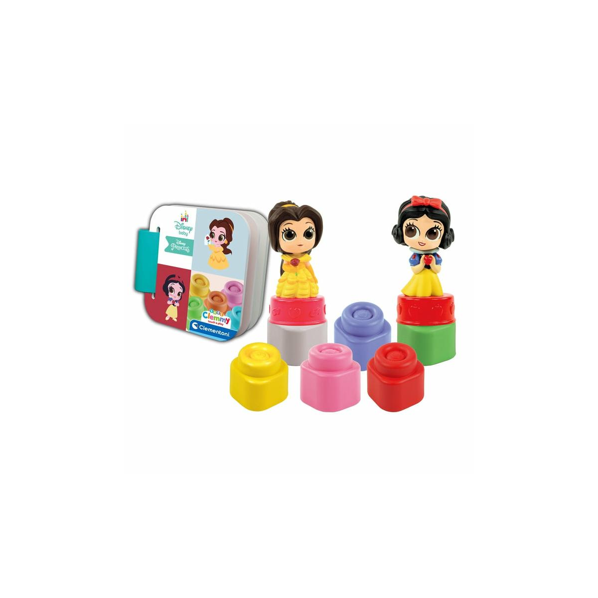 Figure delle Principesse Disney Belle e Biancaneve con blocchi colorati.