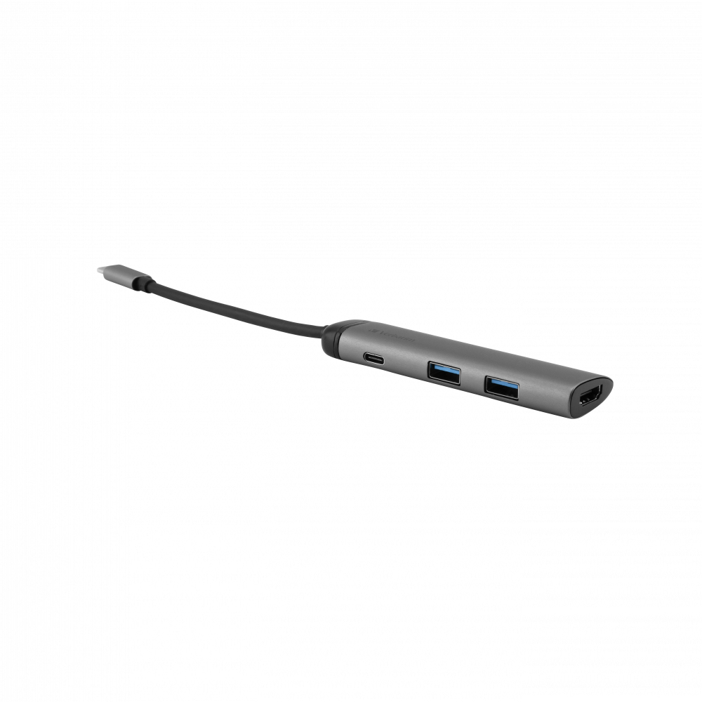 Grauer USB-C-Hub mit zwei USB-A-Anschlüssen, einem USB-C-Anschluss und einem HDMI-Anschluss.